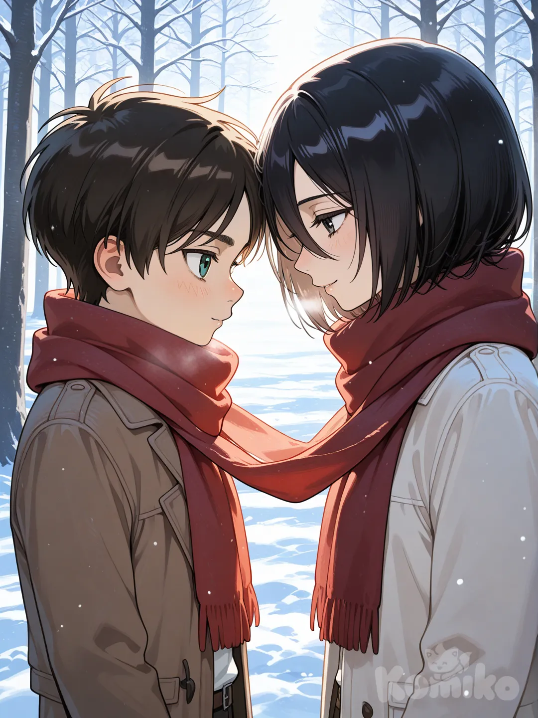 eren yeager un niño de 11 años esta en medio de un bosque y esta frente a Mikasa Ackerman una niña de 11 años y eren le ponía una bufanda roja porque Eren la salvo de los traficantes de esclavos y Eren le decía toma con esto no tendrás frío