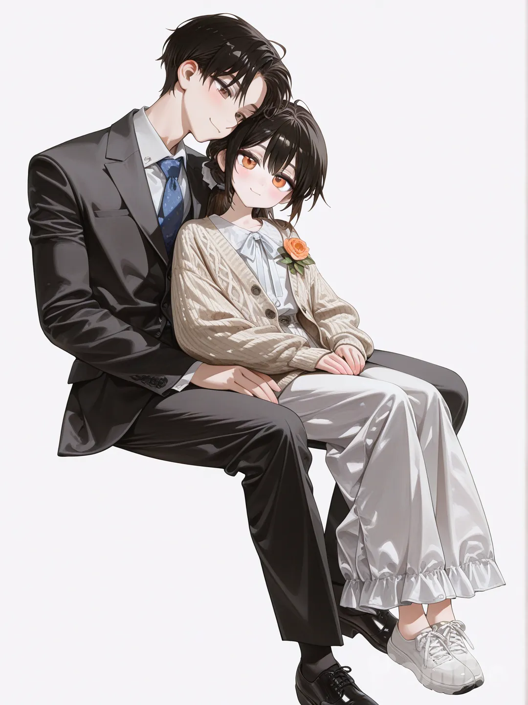 [high-gloss-illustration-style], 2boys, sitting on lap, smile, suit, knitted cardigan, casual pants, corsage, full body, ambient light, white background