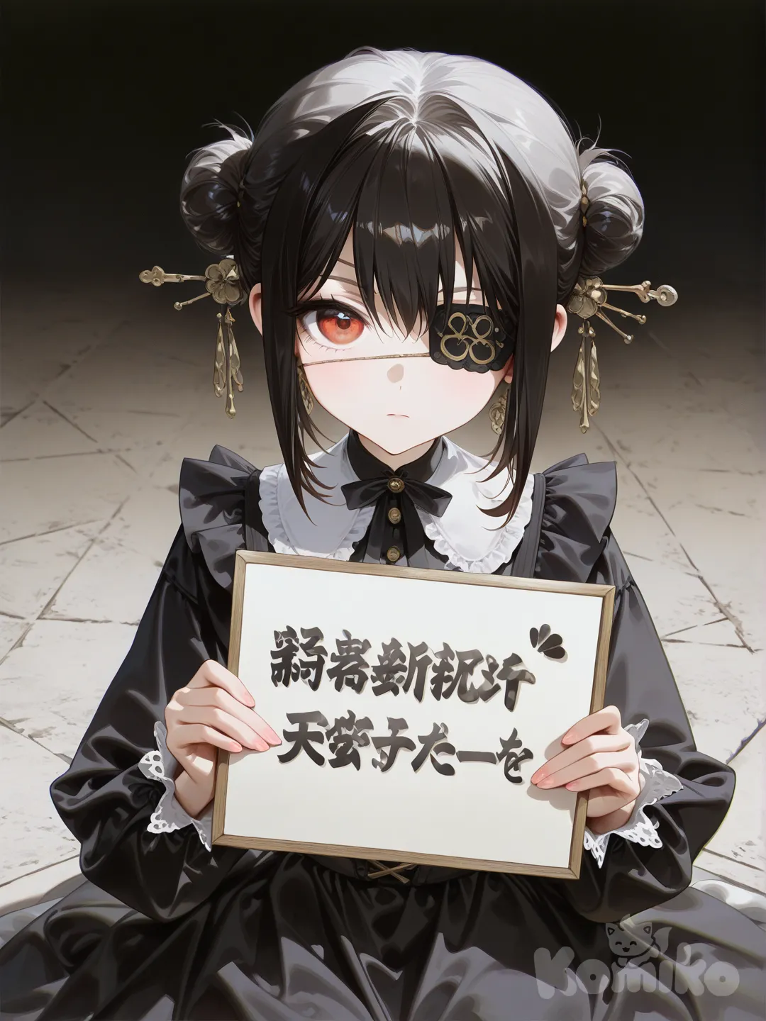1girl, [high-gloss-illustration-style], holding sign, sitting on the ground, expressionless, little black dress, ruffles, eye patch, hairpin, bun, ivory white, top light, gradient background, upper body