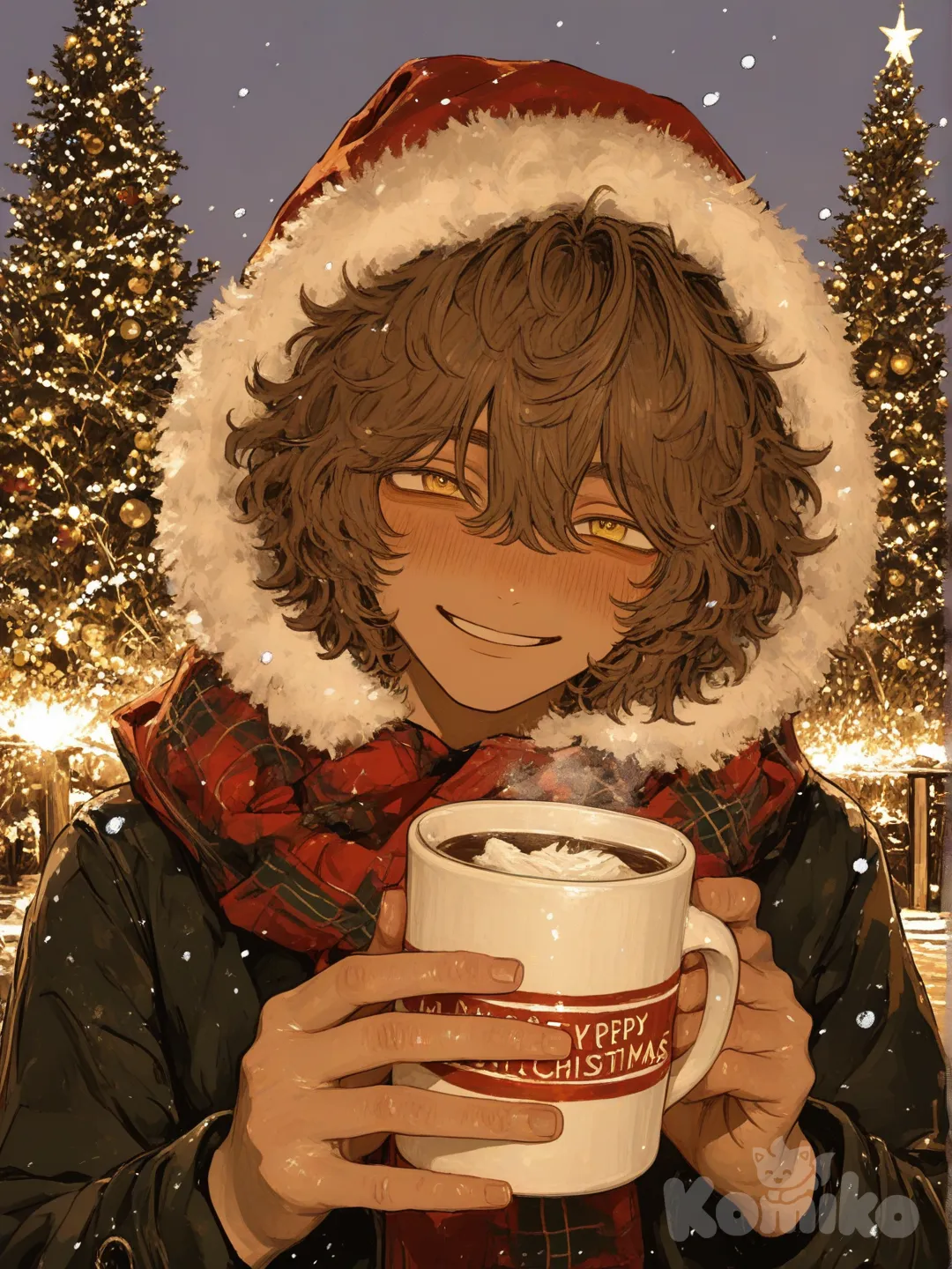 Christmas, 3d, [sweet-painting-style], 1boy, brown hair, Christmas outfit, christmas hat, christmas trees, nightinme, Christmas lights, holding hot chocolate, warm smile, kind smile, warm eyes, fluffy hair