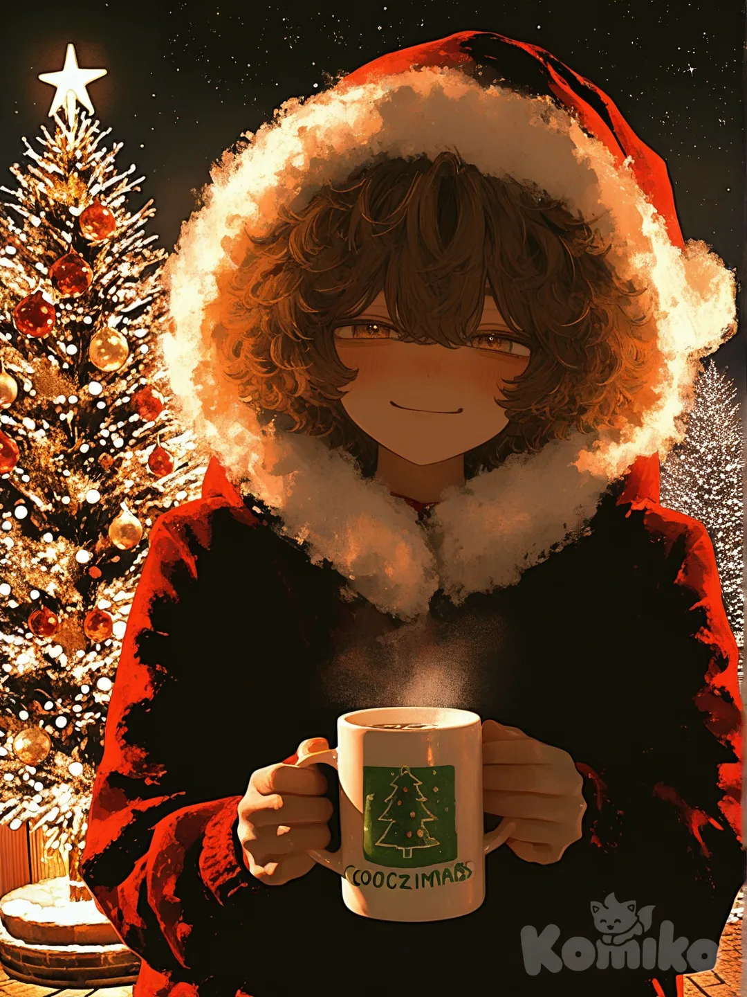 Christmas, 3d, [sweet-painting-style], 1boy, brown hair, Christmas outfit, christmas hat, christmas trees, nightinme, Christmas lights, holding hot chocolate, warm smile, kind smile, warm eyes, fluffy hair