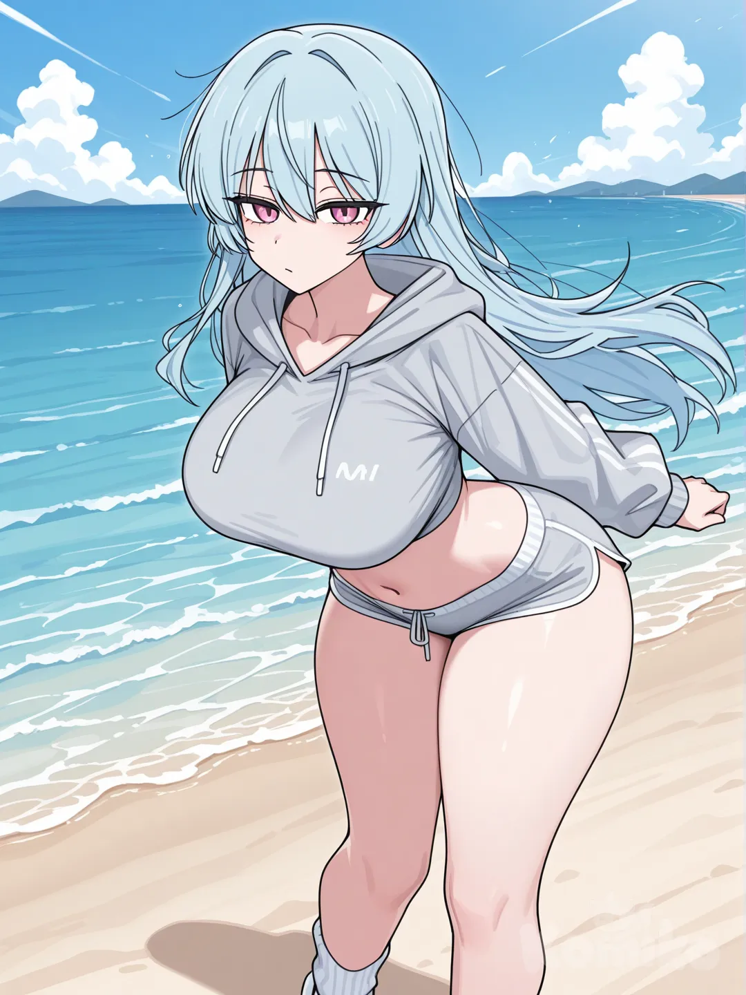 A woman with waist length light blue hair, pink eyes, baggy grey crop top hoodie, exposed collarbone, big boobs, exposed belly, booty shorts, curvy body, ankle high white socks, thick thighs, blue bangs, arching back, cute, in beach, standing, gacha style, [toon-shaded-style]