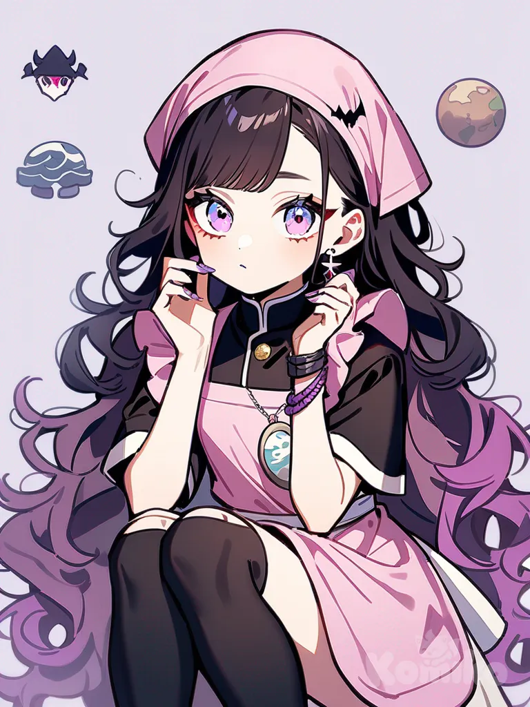 1girl, demon slayer, original character, teenager, slim, short, black hair, purple hair, pink hair, curly hair, frizzy hair, side-parted hair, long hair, pink eyes, blue eyes, demon slayer uniform, apron, knee-high socks, earth necklace, earrings, headscarf, bracelet, light purple nails, single character, full body, looking at viewer, anime style, simple background, white background