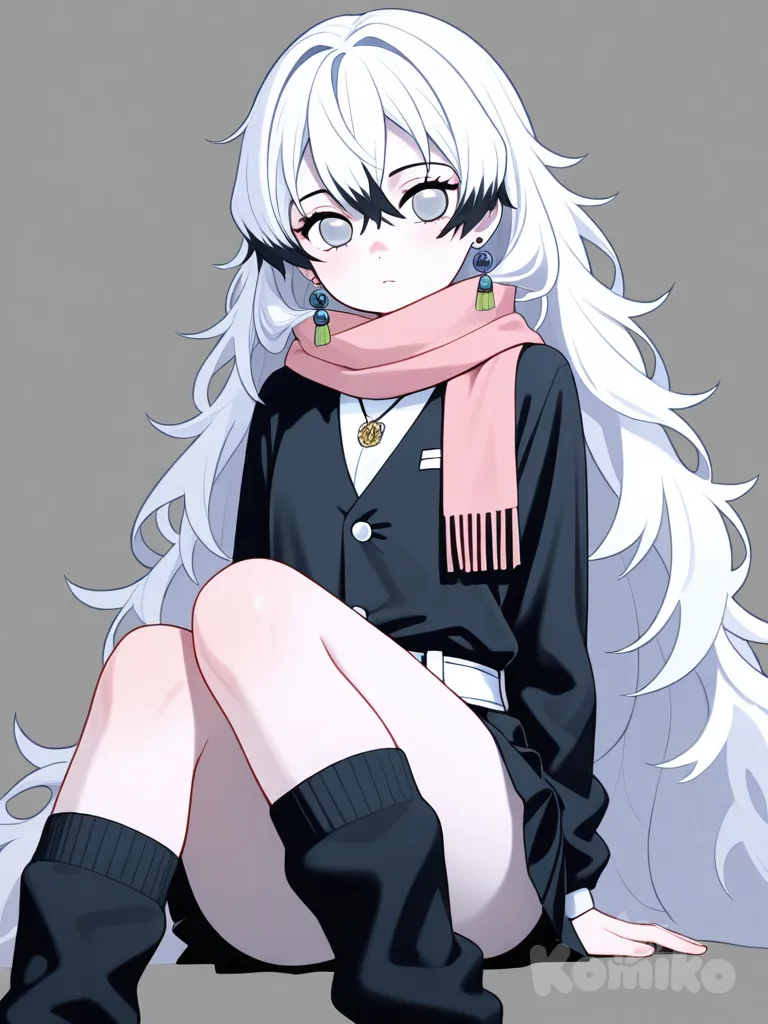 1girl, Demon Slayer style, original character in the world of Demon Slayer, teenager , age 18, slim, athletic, white hair, long hair, Fluffy hair,messy fluffy bangs, blue eyes, gray eyes, pale skin,Fluffy hair,demon slayer uniform,fluffy leg warmers,fluffy arm warmers, earrings, necklace, bow, scarf, pink ribbon around neck.