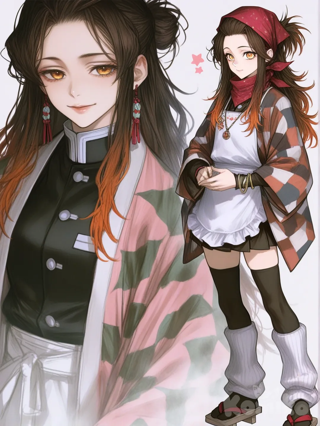 [semi-realistic-portrait-style] 1girl, Demon Slayer style, original character in the world of Demon Slayer, teenager,19 year old, slim, athletic, brown hair,Orange highlights, straight hair,half up,half down , side-parted hair, frizzy hair, curly hair, spiky hair,yellow eyes, fair skin,Demon slayer uniform,Star pattern,Haori,Geta, necklace, earrings, headscarf, bracelet, knee-high socks,Leg warmers,Arm warmers , apron