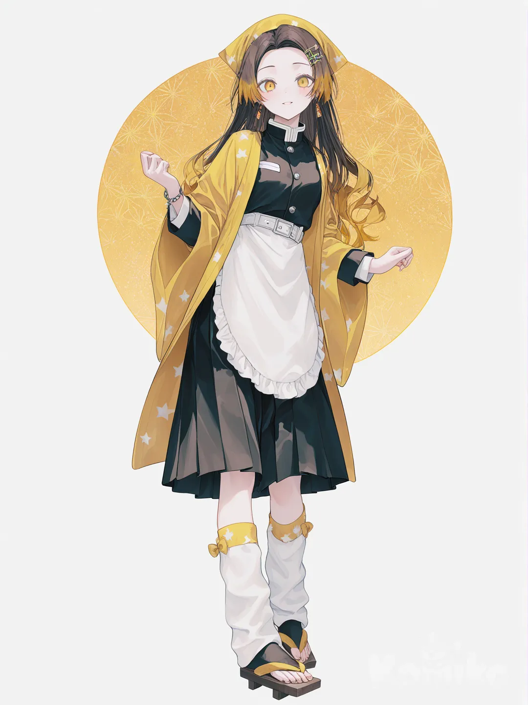 [soft-pastel-style] 1girl, original character, demon slayer uniform, teen, slim, athletic build, brown hair, yellow highlights, straight hair, half up half down hairstyle, side-parted bangs, frizzy hair, curly hair, spiky hair, yellow eyes, fair skin, star pattern, haori, geta, necklace, earrings, headscarf, bracelet, knee-high socks, leg warmers, arm warmers, apron, star hair clip, single character, full body, looking at viewer, simple background, white background