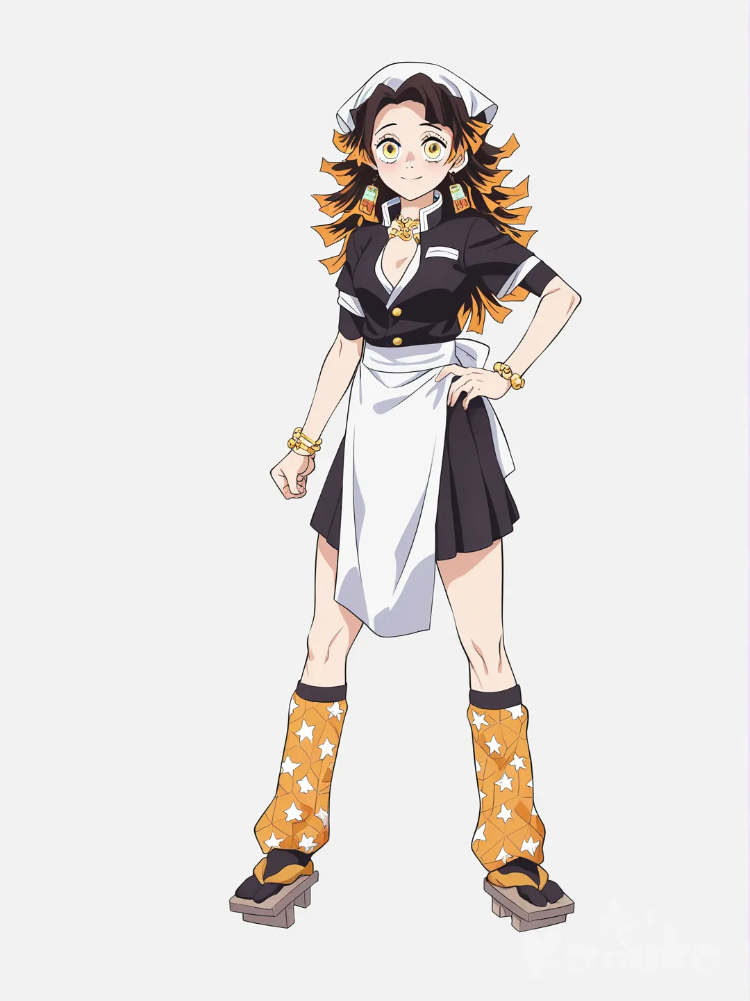 [bright-anime-style] 1girl, original character, demon slayer uniform, teen, slim, athletic build, brown hair, yellow highlights, straight hair, half up half down hairstyle, side-parted bangs, frizzy hair, curly hair, spiky hair, yellow eyes, fair skin, star pattern, haori, geta, necklace, earrings, headscarf, bracelet, knee-high socks, leg warmers, arm warmers, apron, star hair clip, single character, full body, looking at viewer, simple background, white background