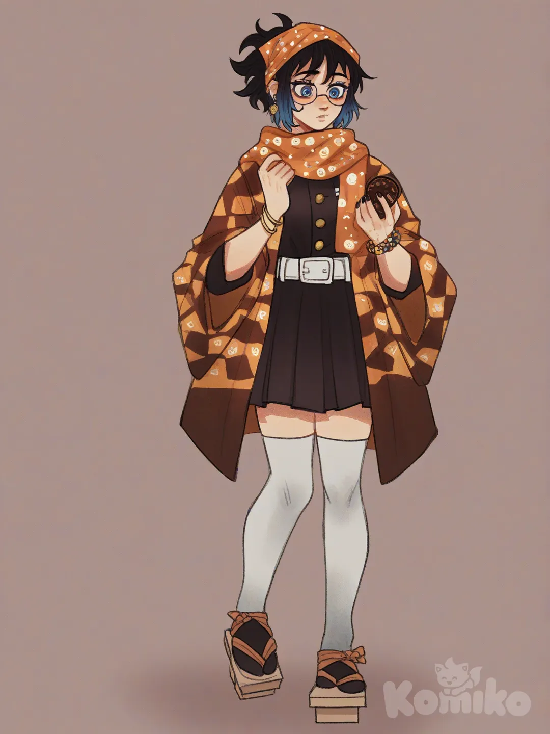[soft-shaded-moe-style] 1girl, Demon Slayer style, original character in the world of Demon Slayer, anime coloring, teenager,18 years old, slim, short, black hair, blue hair, side-parted hair, frizzy hair, short hair, ponytail,Messy long bangs, blue eyes, fair skin,Demon slayer uniform, Pattern Haori, Jupiter Haori,Geta, Etc , earrings, scarf, glasses, knee-high socks, bracelet, headscarf,Deer Mask on face,Fall themed Haori,Orange and Brown themed dark chocolate Brown themed Haori.