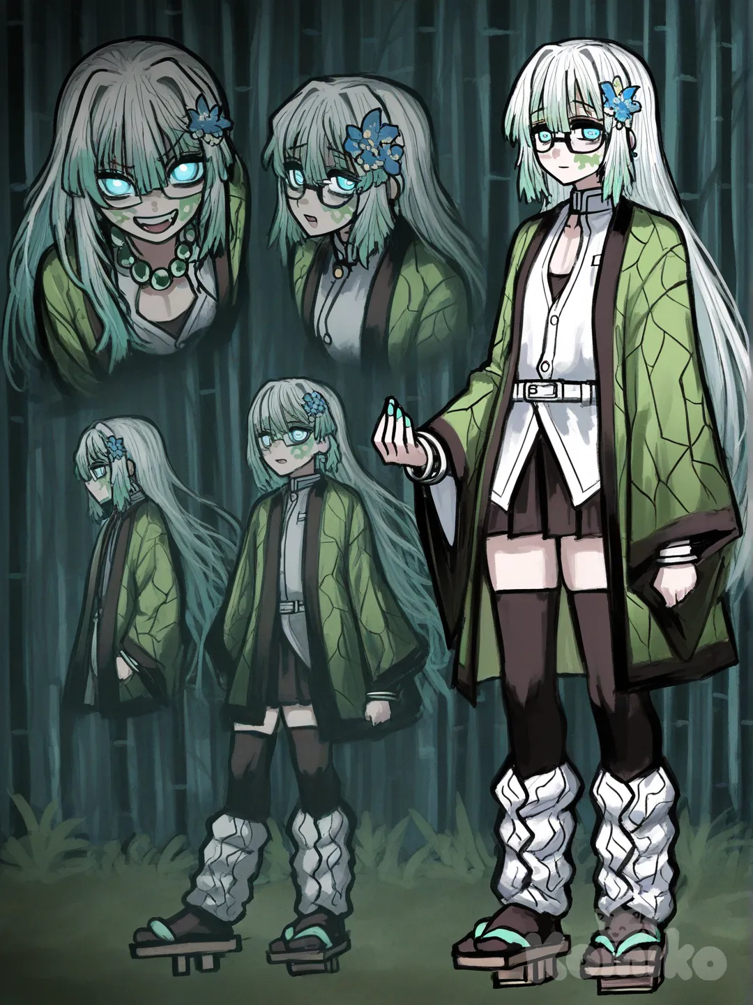 [sketchy-painterly-style] 1girl, anime coloring, cartoon, Demon Slayer style, original character in the world of Demon Slayer, teenager,18 year old l, slim, short, white hair, blue hair, green hair,Pastel hair, straight hair, long hair, side-parted hair, blue eyes, Sparkle eyes, Glowing eyes , fair skin,Demons slayrt uniform,very long sleeves,Earth themed Haori that the sleeves are very long,Bamboo geta, earrings, necklace, bracelet, knee-high socks, glasses,Flowers in hair, Flower Hair clip,flower nails,blue and green nail polish, Bangs, Earth pattern Haori,Earth like,in forest, Character Sheet,full body,Leg warmers, underaged character,18 years old,looks 15,flat chest, button up,white and green with flowers Haori,Earth symbols on her face.