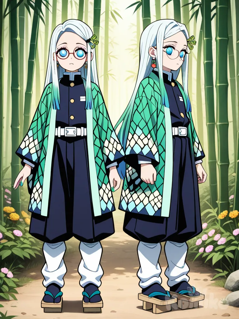 1girl, anime coloring, cartoon, Demon Slayer style, original character in the world of Demon Slayer, teenager,18 year old l, slim, short, white hair, blue hair, green hair,Pastel hair, straight hair, long hair, side-parted hair, blue eyes, Sparkle eyes, Glowing eyes , fair skin,Demons slayrt uniform,very long sleeves,Earth themed Haori that the sleeves are very long,Bamboo geta, earrings, necklace, bracelet, knee-high socks, glasses,Flowers in hair, Flower Hair clip,flower nails,blue and green nail polish, Bangs, Earth pattern Haori,Earth like,in forest, Character Sheet,full body,Leg warmers, underaged character,18 years old,looks 15,flat chest, button up,white and green with flowers Haori.