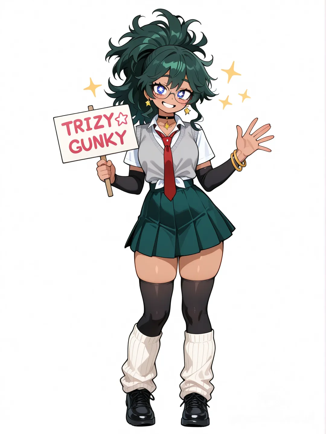 1girl, my hero academia style, original character, teenager, slim, short, kinda curvy, dark galaxy hair, Sparkle hair,side-part, long hair, frizzy hair, curly hair, messy hair, messy bangs, ponytail, galaxy eyes, sparkling eyes, glowing eyes, star-shaped pupils, tan skin, white button up, red tie, grey vest long sleeves buttoned up ,long sleeves, dark green skirt, black thigh highs, arm warmers, Star earrings, Star necklace, choker, glasses, bracelet, classroom, Leg warmers, single character, full body, looking at viewer, anime style, simple background, white background, waving, holding sign, smile,Full body.