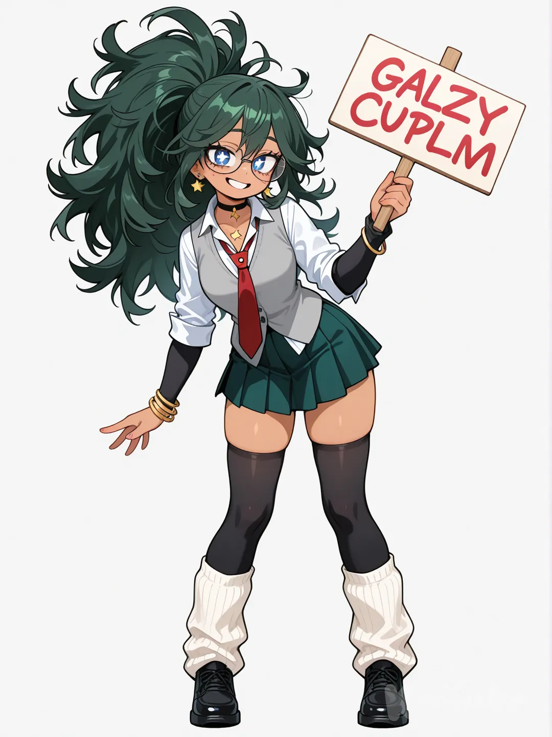1girl, my hero academia style, original character, teenager, slim, short, kinda curvy, dark galaxy hair, Sparkle hair,side-part, long hair, frizzy hair, curly hair, messy hair, messy bangs, ponytail, galaxy eyes, sparkling eyes, glowing eyes, star-shaped pupils, tan skin, white button up, red tie, grey vest long sleeves buttoned up ,long sleeves, dark green skirt, black thigh highs, arm warmers, Star earrings, Star necklace, choker, glasses, bracelet, classroom, Leg warmers, single character, full body, looking at viewer, anime style, simple background, white background, waving, holding sign, smile,Full body.