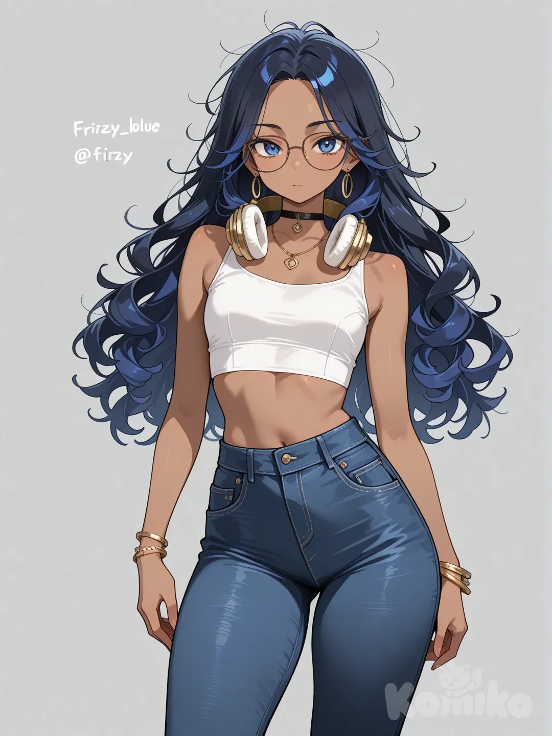 1girl, teenager,age 19 years old, slim, short, curvy, athletic, black hair,Navy hair, frizzy hair, curly hair, long hair, side-parted hair, straight hair,Messy hair,Messy bangs , blue eyes, dark skin,Croptop, wide-leg pants, earrings, necklace, choker, headphones, bracelet, glasses.