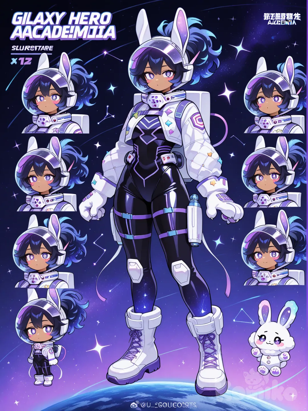 My Hero Academia style, original character in the world of My Hero Academia, teenager,Age 17 years old, slim, short,Kinda curvy,Dark galaxy blue hair,Sparkle hair, Comic hair, Glowing hair,Big puffy hair, curly hair,Messy hair,Messy ponytail,Puffy ponytail , purple eyes, Sparkle eyes, Glowing eyes , tan skin,Puffy fluffy hair ,U.A. hero costume , Got you! I’ll add **buttons** to her hero suit design and then give you a **clean updated summary**.
---
## 🌌🐇 **Updated Feature: Buttons**
* The front of her suit now has **small round star-shaped buttons** running down the torso.
* Buttons glow softly like tiny planets.
* They’re mostly decorative but hide mini tech functions (helmet link, oxygen balance, suit lock).
---
## ⭐ **FINAL SUMMARY – Hoshi Uchu Hero Uniform**
**Theme:**
A cosmic, cute **astronaut bunny suit** with galaxy visuals and tech details.
---
### **Helmet**
* Round astronaut helmet with **long glowing bunny ears**.
* **Galaxy visor** with shifting stars and nebula colors.
* Covered in cute **space stickers** (planets, rockets, constellations).
---
### **Suit**
* Sleek astronaut-style bodysuit with a **galaxy gradient** on arms and legs.
* Colors: deep navy, galaxy purple, white, neon blue accents.
* **Constellation glow lines** across the body.
* New feature: **star-shaped glowing buttons** down the front.
---
### **Gloves**
* Galaxy-pattern gloves.
* **Bunny paw–style padding** on the palms.
* Glowing constellation symbols on the back.
* Tech fingertips + micro-gravity stabilizers.
---
### **Boots**
* Futuristic astronaut boots with **bunny-paw soles**.
* Great grip, small jump boosters, zero-gravity support.
---
### **Back Gear**
* Cute **bunny-shaped jetpack** that releases sparkling stardust.
* Helps with flight, dodging, and cosmic maneuvers.
Character Sheet, multiple Expressions,Hamet off and in