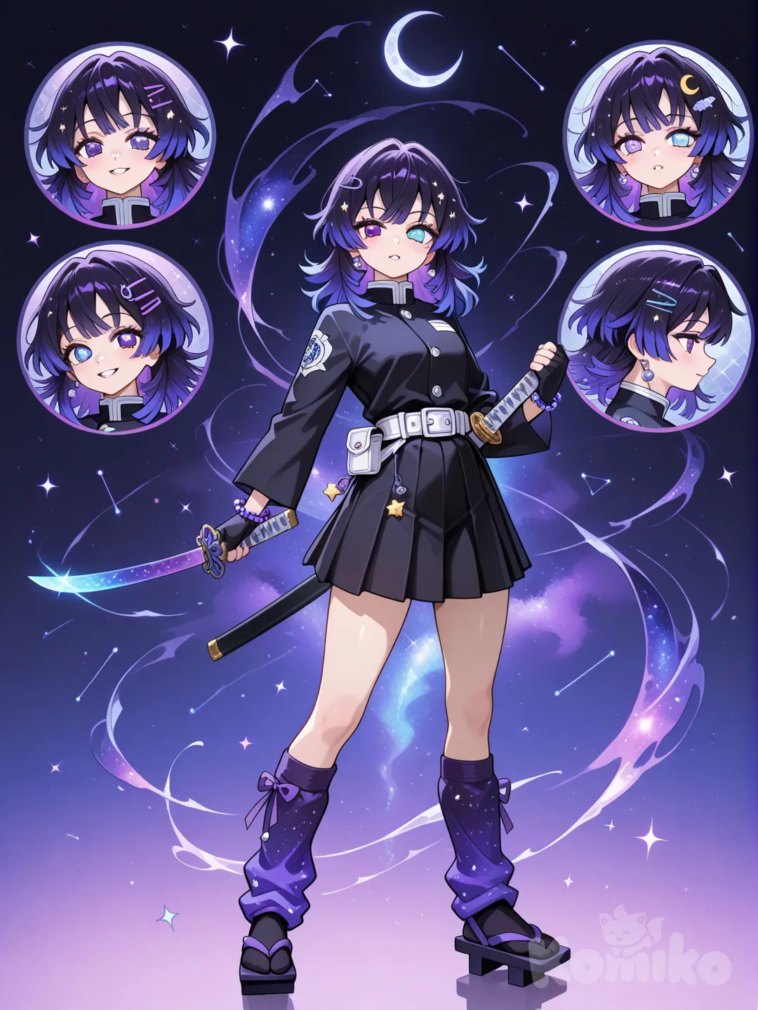 1girl, Demon Slayer style, original character in the world of Demon Slayer, teenager,Young adult , Age:16 ,slim, short, fair skin, demon slayer uniform.

Hair:
A soft, ethereal wolfcut with layered, wispy ends that flare outward like drifting nebula clouds. The hair is medium-to-long in length, with the shortest layers around the jaw and the longest reaching the upper back. Gentle waves give it a floating, cosmic look, and the color blends from lavender to deep violet to midnight blue, creating a dreamy galaxy gradient.
Long wolfcuts.

Eyes:
Her eyes have a subtle spiral pattern in the irises, resembling tiny rotating galaxies. The colors shift between silver and violet, giving her gaze a calm, celestial, and mesmerizing look.

Face:
She has soft, delicate facial features with smooth contours and lightly rounded cheeks. A small, gentle nose and natural, subtle lips give her a dreamy and ethereal look. Her skin catches light softly, giving her a faint starlit glow that enhances her celestial presence.

Uniform:
A graceful, cosmic-themed Demon Slayer with swirling nebula colors, ribbons, and celestial accents — elegant yet combat-ready.


---

🖤 Base Uniform

Cosmic Ribbon Skirt Uniform

A modified Demon Slayer uniform with a short, pleated combat skirt instead of pants.

The skirt is midnight black with a subtle galaxy shimmer, catching hints of violet and blue in the light.

The uniform top is standard black but tailored to be sleek and lightweight.

Silver star-like buttons line the chest, giving the uniform a celestial touch.

A lavender and indigo ribbon belt wraps around her waist, tied to the side so its ends flutter behind her during spins.



---

🟣 Leg Warmers

She wears dark purple knitted leg warmers with faint silver flecks resembling tiny stars.

Reinforced stitching keeps them in place during movement.

They peek beautifully over her geta, adding softness and personality to her combat look.



---

🩶 Geta

Black-lacquered combat geta with slightly shortened teeth for agility.

The straps are indigo with swirl stitching, matching her galaxy theme.

Small, star-shaped metal studs decorate the outer sides subtly—nothing flashy, just a cosmic hint.



---

🎀 Ribbon Accessories

Matching mini ribbon anklets tied above her leg warmers.

A galaxy-pattern ribbon bow securing part of her wolfcut hair.

The waist sash dances behind her during Spiral Galaxy Breathing techniques, adding motion lines to her attacks.



---

✨ Celestial Jewelry

A delicate silver star ear cuff on one ear.

A tiny crescent moon charm attached to her belt loop.

A simple galaxy bead bracelet on her left wrist—dark beads with faint swirl patterns.



---

⚔ Arm + Combat Gear

Black fingerless gloves for grip during her spinning techniques.

Black forearm wraps with spiral-patterned violet stitching.

An indigo pouch attached to her waist ribbon for supplies.



---

💫 Hair Accessories

A nebula gradient hair clip (black → violet → lavender) tucked on one side.

Occasional small ribbon pins near her bangs for a soft cosmic look.



---

🌠 Weapon Accessories

Her sheath has a silver spiral charm hanging near the top.

The grip of her Nichirin is wrapped with purple cord.

The sheath bears a faint cosmic swirl engraving, subtle but elegant.



---

👜 Travel + Daily Items

A star-patterned furoshiki cloth she uses to carry belongings.

A small, indigo umbrella for rain.

A constellation notebook where she sketches stars and techniques.



---

✨ Vibe

She looks like a slayer who carries a piece of the cosmos with her—mysterious, graceful, and visually stunning. Her ribbons, skirt, and celestial details all enhance the swirling, elegant motion of her Spiral Galaxy Breathing.

Weapon:
Her Nichirin blade is a sleek, cosmic-themed katana with a shifting indigo-violet color that glows differently in the light. The blade is slightly thin and curved, perfect for fast spins and sweeping galaxy-style attacks.

The tsuba is shaped like a spiraling galaxy, and the hilt is wrapped in purple cord over an indigo underwrap. The black sheath has silver star flecks and a swirling galaxy-line running down it, plus a small silver spiral charm hanging near the top.

Fast, elegant, and built for motion—her sword is made to move like a galaxy in rotation. 

Character Sheet:
Expressions,Full body,Weapons, Etc.

Name:
Ginga Uzumaki

Generate Ginga Uzumaki's character Sheets...