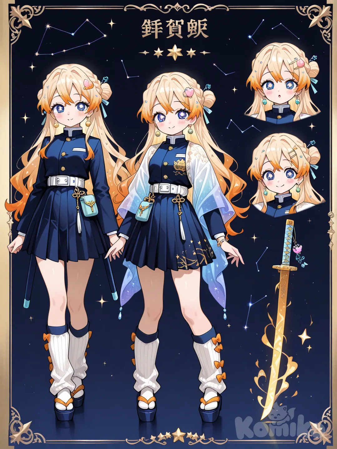1girl, Demon Slayer style, original character in the world of young adult,age: 20 years old, slim, short, athletic, fair skin.

Face:
Round, gentle face

Big doe eyes with tiny star-shaped highlights

Soft cheeks with a natural blush

Small, cute button nose

Gives “sweetest girl alive” energy

Eyes
Deep navy blue

Tiny silver sparkles

Star-shaped highlight near the pupil

Looks like a calm night sky

Very gentle, very soothing

Hair:
Hoshi’s hair is a warm sunrise blend — soft ginger at the roots fading into peachy mid-lengths, ending in a light creamy blonde. It looks gentle and glowing, giving her a warm, celestial aura every time she moves.

Hairstyle:
Hoshi wears her hair in a soft crown braid that wraps around her head , ending in a loose, fluffy bun at the back. A few peach-blonde strands frame her face, and a tiny star pin rests where the braid meets back the bun, giving her a warm, celestial look.

Uniform:
Hoshi wears a cosmic-themed Demon Slayer uniform with a soft, celestial vibe. Her top is a fitted midnight-navy jacket lined with pale star-silver, paired with a flowing skirt that has a faint galaxy sheen. She wears light, aurora-gradient legwarmers over her geta, giving her a dreamy, healer-like silhouette.

Over this, she drapes a light star-woven winter shawl, translucent and glowing softly like stardust, fluttering behind her when she moves. Her accessories include moon-metal hairpins and tiny charm bells shaped like constellations, adding a gentle sparkle. Her overall look is elegant, warm, and magical—like a walking night sky.

Legwarms:
Her leg warmers are soft cream-colored and slightly slouchy, decorated with tiny peach and gold stitched stars that sparkle gently when she moves. They’re lightweight, warm, and match her cosmic, healer-themed uniform perfectly.

ACCESSORIES:
She wears a tiny gold star pin tucked into her crown braid, soft peach ribbon ties on her bun, and small pearl-drop earrings shaped like falling stars. Around her wrist is a slim peach-and-gold charm bracelet with a single star charm that jingles quietly. She keeps a small healer’s pouch at her hip, decorated with light stardust embroidery, and her geta have warm peach straps with a subtle gold shimmer.

Weapon:
blade with a warm peach-to-gold gradient along the edge, glowing like sunrise light. The guard is shaped like a small four-pointed star with soft curved tips, and the metal has a faint celestial shimmer. Her hilt is wrapped in peach and cream fabric, embroidered with tiny gold threads that look like drifting stardust. Her sheath is midnight blue with constellations stitched along it, matching her uniform. When she draws her blade, the warm colors flare like a falling star.
__________________________________
Character Sheets, expression,Weapons