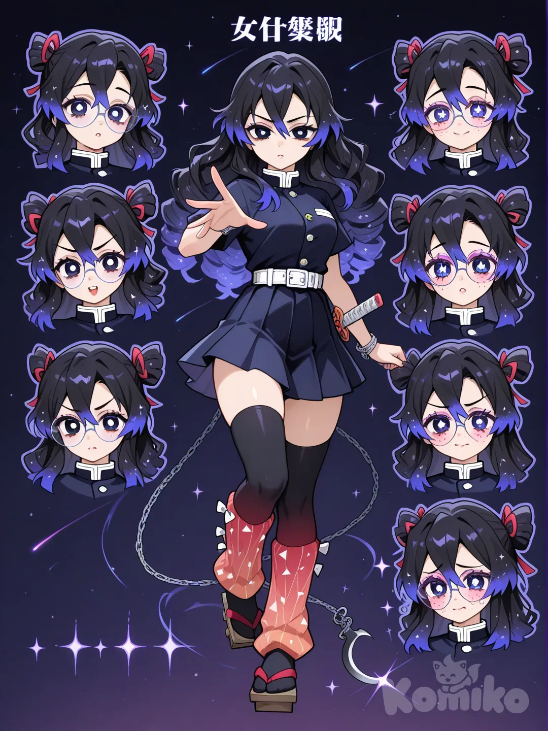 1girl, Demon Slayer style, original character in the world of Demon Slayer, teenager,age 16 years old, slim, short, fair skin.

Hair:
Color: Deep midnight black

Highlights: Scattered silver and violet shimmer, like tiny stars woven into her curls

Texture: Big, soft, voluminous curls

Style:

Either a full curly .

OR two fluffy cosmic puffs


Vibe: Magical, celestial, unique — like she carries

Eyes:
Color: Irises are deep void-black, like outer space

Pupils: Shaped like tiny white stars, sharp and bright

Effect:

Her eyes look endless and mysterious

The star pupils sparkle when she uses Cosmic Breathing

Gives her an almost celestial, otherworldly aura


Vibe: Enigmatic, cosmic, quietly powerful — like she’s carrying the night sky inside her eyes

Eyeshape:
Shape: Large, round doe eyes with a soft teary shine along the bottom, giving her a sweet and adorable expression.

Color: Deep void-black irises with bright white star-shaped pupils, making her eyes look like tiny galaxies.

Markings: Small red marks under the sides of her eyes, adding a unique, celestial-warrior look while keeping her cute.

Vibe: Gentle, emotional, cosmic, and irresistibly adorable — perfect for her style

Face:
Heart-shaped face with soft, round cheeks

Small button nose with a tiny upward tilt

Rosy, soft lips with a gentle cupid’s bow

Curved, gentle eyebrows

Tiny white freckles like stars across her cheeks


✨ Overall: Sweet, cute, and softly cosmic.

Uniform:
Base Uniform

Standard Demon Slayer dark navy-black top

Simple, fitted, and clean — no haori yet


Skirt

Pleated skirt, mid-thigh to mid-length

Deep midnight color

Silver, star-like stitching along the hem so it sparkles slightly in motion


Legwear

Black leggings or thigh-highs so the skirt stays practical for combat


Geta

Black wooden geta

Silver straps to match her cosmic theme

Silent pads added under the base so they make less noise during missions



---

✨ Overall Vibe

Cute, celestial, and functional — a cosmic-themed slayer uniform that feels unique without being a haori.

Accessories:
Accessory + Glasses Summary
She wears stacked red-and-black leg warmers, charms on her belt, and a few small metallic comet-themed trinkets that jingle softly when she moves. She also has a thin red ribbon tied around her wrist for luck. Her glasses are cute round frames with a slight cat-eye lift—dainty, flattering, and giving her a soft, sweet look without getting in the way during missions.

Weapons:
A sleek red-and-black kusarigama with:

A curved Nichirin sickle forged in a metallic red gradient.

A matching black chain that flows like a comet tail when swung.

A small silver star charm attached at the midpoint of the chain, jingling softly when she moves.

Combat style combines elegant, spinning movements with sudden, sharp strikes — perfect for her cosmic theme and sweet appearance.

__________________________________
Character sheet, expressions, Weapons, outstretched hand