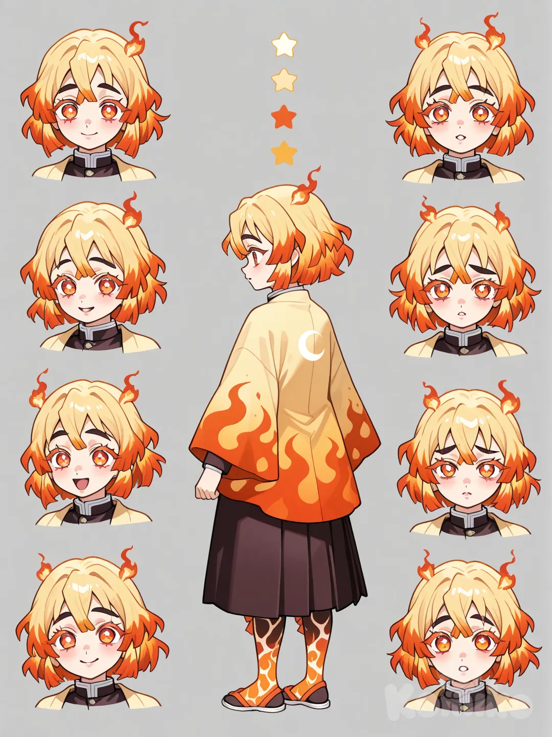 1girl, Demon Slayer style, original character in the world of Demon Slayer, teenager,age 14 years old,child, slim, short, fair skin

Hair:
Root color: Soft blonde (like Hoshi)

Middle: Warm golden-orange

Tips: Bright flame-red (like Rengoku)

Texture: Gentle waves

Extras: Natural star-like highlights that shimmer


Overall vibe:
Her hair looks like a glowing sunrise—soft, celestial, and fiery at the same time.

Eyes:
Shape

Big, round, expressive eyes

Rengoku’s iconic flame-shaped top lashes

Soft, gentle lower lashes (Hoshi’s influence)


Color

Inner ring: white-gold

Middle ring: amber orange

Outer ring: sunset pink fading into light red


Highlights

Tiny star-shaped sparkles in the irises

A faint crescent-moon shine in each eye


Overall vibe

Her eyes look like a glowing sunrise with stars inside — bright, fiery, soft, and celestial all at once.

Eyebrows:
Thick and fluffy, just like Rengoku’s

Slight upward angle giving a bright, excited expression

Softened a little to match Hoshi’s elegance

Still bold enough to give her that Rengoku energy even when she’s calm


Overall vibe:
Cute, expressive, and instantly recognizable as Kyojuro’s child.

Face:
Face Shape

Same shape as Rengoku:
soft rectangle with a gentle jawline

BUT softened with Hoshi’s elegance

Slight roundness in the cheeks (cute, youthful)


Eyes

Big, expressive, bright (Rengoku)

Long flame-shaped lashes (already chosen)


Red Under-Eye Bags (Hoshi’s Signature)

Soft red tint under both eyes

Not harsh — just that unique, celestial tired-pretty look

Gives her a dreamy + intense vibe at the same time

Makes her look like she’s glowing even when she’s serious


Brows

Fluffy, thick Rengoku-style eyebrows

Softened just a tiny bit to match her childlike face


Nose + Lips

Small, rounded nose

Soft lips that naturally curve into a gentle smile

Slight shine like she’s always warm and happy


Overall Vibe

A beautiful little firework child who looks like:

mini-Kyojuro

Uniform:
Wears the standard Demon Slayer school uniform, fitted like Hoshi’s with slightly oversized sleeves.

Has a unique shawl-cape inspired by Rengoku’s haori: black base with red–orange–gold flame tips, shorter in the front and long/dramatic in the back.

Skirt or trousers optional, but the outfit stays sleek and movement-focused.

Small flame-themed ribbon in the hair for detail.

Overall look blends Hoshi’s elegant, dark style with Rengoku’s bold flame aesthetic.

_______________________
Character sheet, expressions,full body, forward , backwards etc