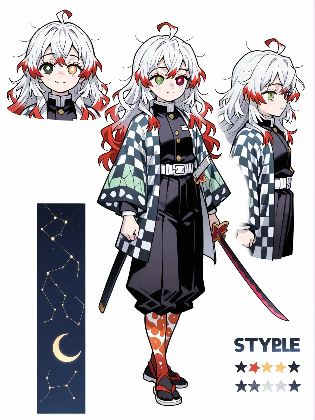 1girl, Demon Slayer style, original character in the world of Demon Slayer, teenager,age 14 years old,child, slim, short, fair skin

The child would blend Tanjiro’s warm, gentle features with Suigin’s celestial, silvery beauty.

Hair

Silvery white like Suigin’s

BUT with subtle warm undertones from Tanjiro — soft gradients of red at the tips, almost glowing in light

Wavy, soft, and fluffy

A small moon-shaped cowlick like Suigin

And the Kamado “messy baby curls” Tanjiro had as a kid


Eyes

A perfect mix:

Tanjiro’s red/brown warmth

Suigin’s starry, reflective shimmer


Their pupils could have a tiny crescent-moon highlight


Face

Soft round face like Tanjiro

Calm, thoughtful expression like Suigin

Faint silver freckles that look like star speckles



---

🖤 Uniform / Outfit

Top

Black Demon Slayer uniform

Plus Suigin’s constellation patterns on the sleeves

Tanjiro-style checkered pattern BUT in silver + dark navy instead of green


Haori / Cloak

Ombre:

Dark night sky at the top

Fiery warm glow at the bottom


Little stars that twinkle like Suigin’s

__________________________
Character sheet, expressions,full body,forward, backwards weapons, etc
