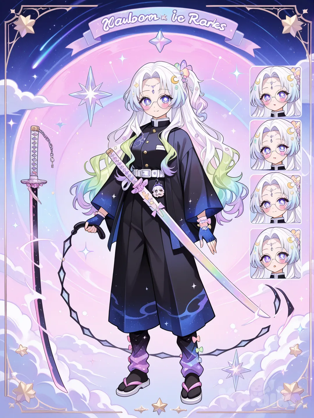 1girl, Demon Slayer style, original character in the world of Demon Slayer, teenager,age 16 years old, slim, short, fair skin, scar.

Haircolor:

Base:

Pure pastel white – gives a soft starlight glow and makes rainbow highlights pop beautifully.

Highlights & Streaks (Pastel Rainbow):

Lavender: near the roots or framing her face

Soft pink: scattered in mid-lengths

Baby blue: blended with pink in the mid-sections

Mint green: subtle streaks in longer layers

Pale yellow: mostly at the tips, fading into white

Extra Cosmic Touches:

A few tiny shimmering strands like stars catching light

Optional subtle iridescent sheen so colors shift slightly in movement

Vibe:

Ethereal, magical, and very cosmic—the rainbow streaks give her that celestial warrior energy without looking too chaotic.

Hairstyle/Textures:

Length: Long

Style: Half of her hair pulled back, rest left loose

Texture: Loose, messy curls with soft waves

Details:

Pastel rainbow streaks scattered throughout

Loose strands frame her face for a dreamy, cosmic look

Ends slightly taper or curl, giving a floating, nebula-like effect

Vibe: Ethereal, magical, and cosmic—perfectly showing off her Rainbow Cosmic Breathing powers.

Face:

Shape:

Large, slightly upturned (from earlier face design)

Iris / Pupil Style:

Galaxy Base: Swirling depths inside her iris, like a miniature galaxy

Aurora Streaks: Soft vertical streaks of pastel light across the iris, like northern lights

Starry Sparkles: Tiny star-like specks scattered throughout, adding twinkle

Crescent Accent: Subtle crescent-shaped glimmer near the pupil or along the edge of the iris

Overall Vibe:

Dreamy, magical, and otherworldly

Expressive and mysterious, perfect for a Rainbow Cosmic Breathing user

Looks like the universe itself is alive inside her eyes 🌌✨

Face accessories:

Hairpins/Clips: Star, moon, and comet shapes in soft pastel metallics.
Forehead Accent: Thin chain with tiny crystal/star charm.
Eyewear: Optional round glasses with faint sparkle.
Under-Eye/Cheek Accents: Small star/crescent decals with subtle kidcore shapes (hearts, clouds, tiny rainbows).
Battle Mark (Optional): Small glowing crescent, star, or nebula symbol when using her powers.

Overall Vibe: Magical, cosmic, dreamy, with a touch of playful kidcore charm. 🌌💖

Uniform:

Base: Dark black/navy Demon Slayer uniform
Accents: Pastel constellations and stars embroidered across jacket and pants, with subtle kidcore touches like hearts, moons, and clouds
Belt/Obi: Pastel rainbow gradient with soft charm detail (star or crescent)
Footwear: Bamboo sandals with pastel straps
Vibe: Magical, playful, youthful, and cosmic—perfectly matching her Rainbow Cosmic Breathing powers

Accessories:

Leg Warmers: Pastel rainbow, star-patterned black, galaxy print, tiny embroidered hearts

Other Accessories: Star, moon, and comet hair clips; prism necklace or crystal hairpins; fingerless aurora gloves; pastel ribbons on wrists/ankles; glow-in-the-dark star/heart stickers; cloud and heart pins; rainbow anklets; mini bell charms; pastel bows on haori sleeves; smiley star pins; glittery hair ties and beads; cloud/rainbow charms on haori edges

Overall Vibe: Magical, cosmic, ethereal 🌌, with playful kidcore touches 🌈💖, perfectly matching her Rainbow Cosmic Breathing powers

Weapons

Nichirin sword that can also shoot rainbow energy arcs

Blade shaped like a crescent moon, hilt like a bow

Combines elegance and long-range magic attacks

Flexible blade that can stretch slightly like a whip

Rainbow aurora streaks flow along the blade when used

Perfect for dazzling, flowing combat moves

_____________________________ character sheet, expressions,back,front,sides,weapons, etc