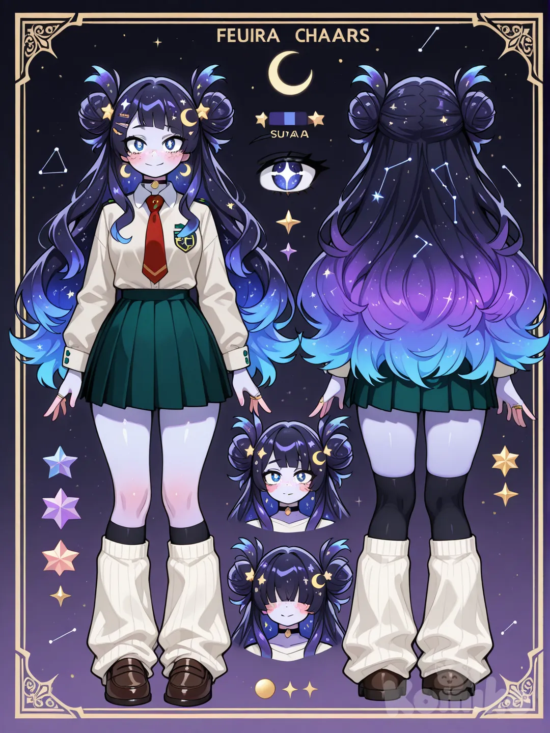 1girl, My Hero Academia style, original character in the world of My Hero Academia, teenager,Age 17 years old , slim, short, curvy, athletic, DARK SKIN skin.

Hair:

Nebula Puff Buns

Buns are HUGE and cloudlike, super fluffy

The rest of her hair falls to her waist in thick waves

Ombre colors (example: dark black → purple → blue) like a nebula

Tiny glowing flecks in her buns (like tiny star crystals)Big puffy bangs over eyes.

Vibe: space princess

Star buns but extra puffy, like cotton candy clouds shaped into stars

Two thick side bangs framing her face

Back hair super long and wavy like a nebula flow

Small glowing strands that light up when she uses her quirk

Vibe: Cute, space-fairy aesthetic.

Sharp Cosmic Star Buns + Straight Long Hair

The star buns are more defined with pointed tips

VERY BIG AND PUFF 

Hair slightly floats when using Lunar Pull

Vibe: Elegant, powerful, cosmic warrior.

Hair has to be over eyes.

Face:
Cosmic Gradient Skin Highlights

A faint gradient on her cheeks or temples (purple → blue → black)

Looks like stardust brushed across her face

Reflects light beautifully under her hair

Vibe: Ethereal, dreamy, otherworldly

Crescent Cheek Marks

Two crescent-moon shaped marks under her bangs

Glows slightly whenever she activates Lunar Pull

They help show her emotions since her eyes are hidden

Vibe: Calm, lunar, elegant

Star Freckle Constellations

Small freckles shaped like constellations across her cheeks and nose

A few freckles glow faintly when she uses her quirks

Makes her look magical even without eye contact

Vibe: Soft, celestial, mysterious

ACCESSORIES:
Planet Choker

A thin black choker with a floating ring design like Saturn.

Could react to her Mini-Orbit spheres

The ring slightly spins (quirk tech)

Vibe: Stylish + sci-fi.

Crescent Moon Ear Cuffs

No piercings needed — they hug the ear like moon crescents.

Glow when her gravity quirk activates

Can have tiny dangling “planet charms”

Vibe: Elegant + cosmic.

Star Clip Set (Behind the Bangs)

Small metal star pins hidden in her hair to keep her long bangs in place.

Gold, silver, or holographic

They shimmer when she uses Starforge

Some could be shaped like tiny constellations

Vibe: Pretty + practical.

Uniform:
Top:
A light gray blazer with dark teal-green trim. Under it, a white button-up shirt with a red necktie.

Bottom:
A dark green pleated skirt that matches the trim of the blazer.

Socks/Legwear:
Usually black knee-high socks, though some students wear tights or shorter socks,White big fluffy leg warms.

Shoes:
Standard brown loafers worn by all U.A. first-year students.

Extras:

The blazer has the U.A. school emblem on it.

Students can add small accessories (hair clips, subtle jewelry), but nothing that breaks school rules.

Signature things:

Her hair is big ans fluffy and covers her eyes completely and messy star shaped buns.
_____________________________
character sheet, expressions, poses, back,front,sides.