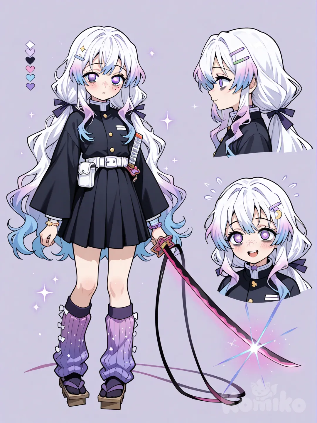 1girl, Demon Slayer style, original character in the world of Demon Slayer, teenager,14 years old, slim, short, fair skin.

Hair:
Ekuri wears her extremely long, wavy hair in a low ponytail at the nape of her neck. Her hair has a glowing pastel gradient—white at the roots fading into cyan, blue, lavender, and magenta at the ends. The strands are slightly translucent with tiny sparkles drifting inside them, giving her hair the look of a flowing comet tail made of light. A soft, glowing ribbon ties the ponytail, and the hair moves like liquid starlight when she walks or fights.

Eyes:
Ekuri has large, soft, expressive eyes that look both playful and shy. Her irises are pastel lavender with a faint cyan glow near the pupil and a magenta outer ring, sprinkled with tiny white star-like flecks. They shimmer gently like starlight, brightening when she’s excited and softening when she’s shy.

Face:
Ekuri has a soft, heart-shaped face with a gentle blush and tiny stardust freckles. Her most distinct feature is the cute red eye bags under her eyes, giving her a dreamy, shy, and slightly tired charm. Combined with her expressive, celestial eyes, her face looks sweet, youthful, and quietly playful.

Uniform:
Ekuri’s Demon Slayer uniform features a long, ankle-length skirt that flows and sways like a soft comet tail. Her sleeves are long and slightly oversized with wavy cuffs that ripple when she moves. The uniform is dark navy-black with subtle pastel stitching and small star-shaped buttons, giving it a gentle, celestial touch.

Geta, Leg warmers, Leggings under:
Ekuri wears long navy-black leggings under her skirt for warmth and modesty. Over them, she has cute pastel magenta-to-lavender leg warmers with a soft, sparkly glow. Her pale, quiet-step geta have pastel lavender and cyan straps, giving her a gentle, celestial look.

Weapon:
Ekuri uses a special Nichirin whip-blade that looks like a katana but extends into a flexible, segmented blade. It glows in a pastel comet gradient and leaves light trails when swung. The handle is lavender with a crescent-shaped guard, and the weapon creates elegant, flowing attacks like a comet tail.

accessories:
Comet hair clip with a pastel tail, worn in her bangs

Star-charm bracelet with small pastel stars and moons

Lavender ribbon choker with a tiny star bead

Mini nebula pouch for small items

Pastel arm wraps with subtle sparkle

Soft ribbon tied around her low ponytail

Comet charm hanging from her sword handle

____________________________________
Character sheet with expressions,Weapons, etc