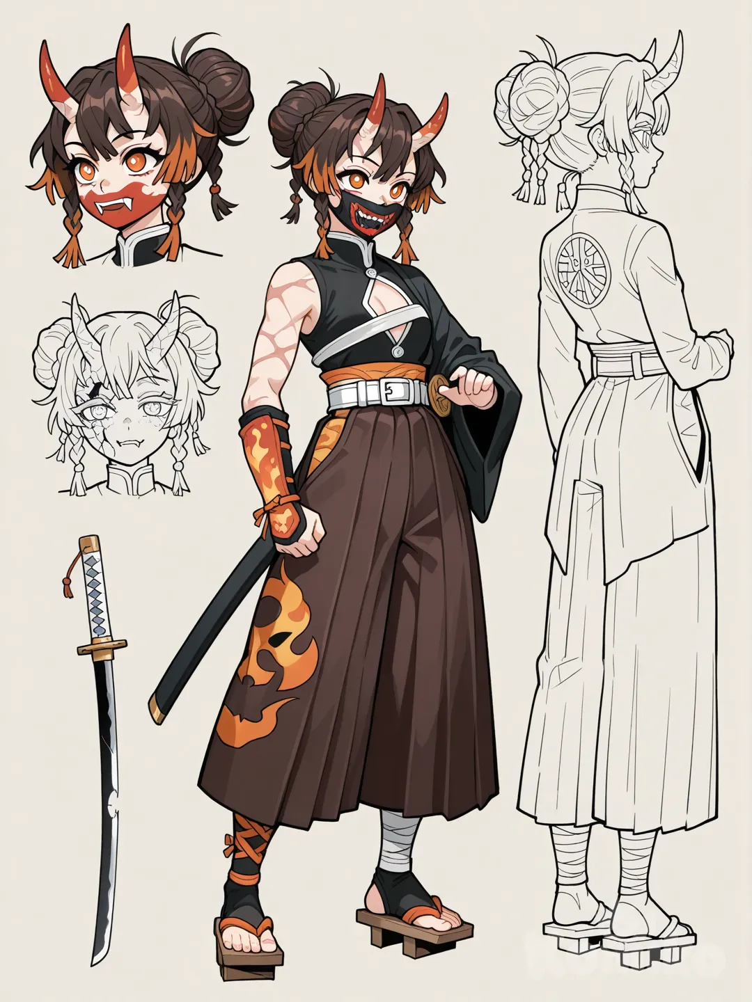 1girl, Demon Slayer style, original character in the world of Demon Slayer, young adult, 19 years old, slim, short, scar, fair skin.

Hair:
Final Hair Style Concept

Thick hair with natural texture, not sleek

Hair is loosely braided first (one or two thick braids)

Braids are then wrapped into a high bun

The bun is intentionally messy, not perfectly coiled

Flyaways and broken strands stick out naturally

A few long, uneven face-framing pieces fall around the cheeks and jaw

The braid is tight near the scalp but loosens as it reaches the bun

The overall look feels battle-worn, traditional, and powerful


⚔️ Vibe

Trained samurai discipline + chaos from constant combat

Looks amazing mid-fight when strands come loose

Gives “silent but deadly” Demon Slayer energy


If you want next, we can:

Lock in bang style (curtain, straight, wispy, none)

Decide bun height (true high vs slightly back)


Hair color:
Final Hair Color Concept

Base color: pale, desaturated brown

Think light, muted, almost dusty—not warm or golden


Secondary color: soft cream

Not bright white, more like aged parchment or silk



🌙 How It’s Placed (important for the style you chose)

Cream shows up as:

Soft highlights woven into the braids

Lighter tips that look naturally sun-faded

A few face-framing strands that are lighter than the rest


The bun stays mostly pale brown so it feels grounded and traditional

When the braid wraps into the messy bun, the cream strands peek through

Eyes:
Almond-shaped eyes, slightly longer than wide

Outer corners subtly downturned, not sharp or cute

Heavy upper lid that gives a calm, unreadable look

Narrower pupils even at rest → trained, focused warrior

Lower lashes are minimal, upper lashes straight and natural

Soft crease, not deep or dramatic



---

⚔️ Expression Details

Resting expression looks calm, distant, and observant

When fighting:

Eyes narrow instead of widening

Gaze becomes piercing, almost cold


Rarely shows surprise—more controlled reactions



---

✨ Small Unique Touches (pick 1–2)

Slight sleepy droop that hides how dangerous she is

Asymmetrical eyes (one opens a bit more than the other)

Faint shadowed lower lid from exhaustion/training

Thin, sharp inner corners for that intimidating stare



---

🌸 Overall Vibe

Not flashy

Not cute

Quietly lethal

Feels experienced, disciplined, and ancient

Gentle but Deadly

Creamy amber – light, warm, but not bright

Pale honey – soft glow when focused in battle

Warm beige-brown – comforting until she draws her blade

Mask:
Broken Hannya–Inspired Mask

Covers upper half of the face

Smooth, refined shape (not monstrous)

Subtle horn shapes carved into the design (not sharp)

Slight cracks or chips like it’s been used for years

Worn during serious battles only


Vibe: controlled rage, emotional restraint


---

2. Minimal Oni Jaw Mask

Covers lower face only

Clean jawline shape with small fangs carved in

Ties behind the head with cords

Shows her eyes fully → intimidation factor 📈


Vibe: silent, ruthless, no wasted movement

Uniform ideas:
Upper Body

Sleeveless main uniform top with a high, structured collar

Inner long-sleeve layer worn underneath

Only visible on one arm (asymmetrical)


The other arm is bare except for wrapped forearm guards

Wrap-style overlap across the chest instead of straight buttons



---

🧥 Coat Layer

A long coat version of the uniform worn over everything

Open-front or partially fastened

Side slits for full mobility

Coat sleeves:

One long sleeve

One shortened or missing entirely


Moves dramatically in combat but never looks sloppy



---

👖 Lower Body

Hakama-inspired pants

Slightly wide but tapered at the calves

Fabric gathers naturally when she moves

Secured with cloth wraps instead of a belt



---

✨ Texture & Details

Layered fabrics with different weights

Reinforced seams at shoulders and waist

Subtle wear on hems and edges

Inner layers peek out intentionally

Everything designed to frame her mask and sword stance



---

⚔️ Overall Vibe

Elite samurai Demon Slayer

Calm authority, no wasted motion

Looks ancient, practical, and terrifyingly skilled

Very “she only draws her blade when it matters”

Leg Wraps

Layered cloth wraps starting mid-calf to just below the knee

One leg slightly more wrapped than the other (asymmetrical vibe)


Reinforced at the shin for light protection

Ends tied off with small knots, loose ends hang subtly for style

Thin, breathable fabric for mobility in combat

Can have subtle embroidery or stitch patterns matching her uniform details



---

Geta

Classic wooden geta with a slightly elevated base (not too high, practical)

Straps covered in soft fabric that matches her uniform or leg wraps

Base reinforced for silent steps in battle

Optionally: small metal studs or carvings on the sides for extra detail



---

⚔️ Combined Vibe

Moves silently despite the wood base

Looks traditional but functional

Complements asymmetrical, layered uniform style

Adds battle-worn elegance without being flashy

Weapons:
Traditional Katana with Unique Twist

Slightly curved, long blade

Hilt wrapped in layered cloth matching her uniform

Guard is asymmetrical or cracked-looking, like her mask

Subtle engravings along the blade hint at her breathing style

Blade tip slightly angled for precision strikes


Vibe: classic samurai elegance with a personal edge
_________________________________

Character sheet, expressions,full body,front, back,sides,weapons,etc
_________________________________
Body:
