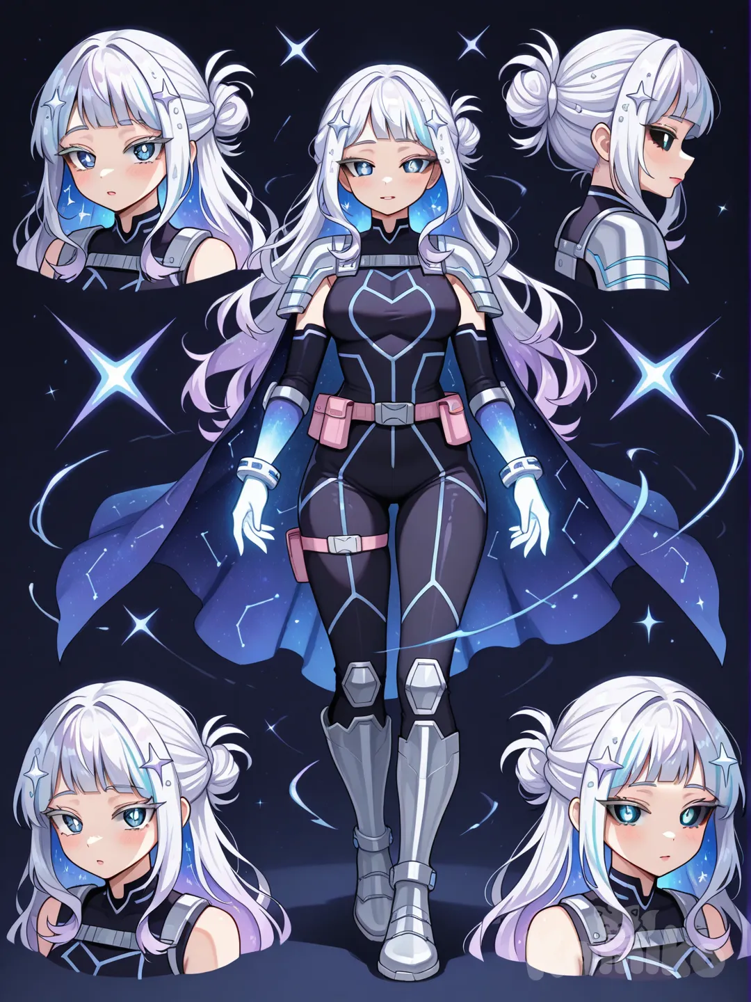 1girl, My Hero Academia style, original character in the world of My Hero Academia, teenager,age 17 years old, quirk: Starry Meteor
______________________
Face Shape:
Soft heart-shaped face → makes the lashes and eyes stand out
Eyes:
Iris fades from deep navy → bright cyan → white star specks
Pupils sparkle like tiny constellations
Option 2: Shooting Star Eyes ☄️
Base color: ice blue or silver
A thin glowing line crosses the iris like a shooting star
The glow intensifies right before attacks
Option 3: Night Sky Eyes ⭐
Almost black at first glance
When light hits, subtle purple-blue shimmer
Tiny glowing dots like distant stars
Lashes shift color:
Normal: white
Quirk active: glowing blue
White Lash Style 🤍
Long but feather-light
Almost glow softly in the dark
Makes the face look ethereal and celestial
Brows:
Slight upward tilt for a confident hero look
Nose & Mouth ✦
Small, gentle nose (clean anime style)
Lips:
Soft pink or cool mauve
Slight shine, not glossy
Resting expression: calm but focused
Extra:
Under-eye glow when tired from quirk overuse
Small star-shaped beauty mark under one eye
Neutral look = dreamy, spacey
________________________________
Hair:
Pale silver-white all over
Tiny glitter-like specks that shine in light
Gives ethereal, otherworldly look
Mixed
Dark navy at roots → deep purple → sparkling silver tips
Looks like a night sky fading into starlight
Can have faint glowing streaks like shooting stars
Hair Style: Half-Up Wolfcut ✨
Top half:
Tied or clipped into a small star-shaped accessory or “meteor clip”
Adds height and cosmic flair
Keeps hair out of the eyes in battle
Bottom half:
Layered like a wolfcut → shaggy, messy, tapered layers around shoulders and back
Gives a wild, dynamic feel when moving or in quirk mode
Ends of the layers can have glowing tips (white, silver, or blue)
Front/Fringe:
Slightly jagged bangs that frame the face
Longer side strands to complement lashes and eyes
Optional streaks of glowing color to match quirk activation
Vibe:
Looks dreamy and celestial but still has a wild, energetic combat-ready edge
Perfect for a mid-to-long range fighter.
________________________________
Hero uniform:
Overall Theme:
Dark, celestial colors: navy, black, deep purple
Glowing accents: silver, cyan, or icy blue
Sleek but practical for movement and quirk use
Top / Body Armor:
Fitted dark navy bodysuit (lightweight, flexible)
Constellation/meteor pattern along sleeves and chest in glowing silver
Thin armored plates on shoulders and forearms (protective but not bulky)
Optional capelet that looks like a galaxy (short, doesn’t drag, ignites slightly when quirk used)
Bottom / Legs:
Fitted dark pants with metallic streaks on sides resembling comet trails
Light armor on thighs and shins for protection
Straps or glowing bands around calves to stabilize meteor attacks
Knee-high boots with slight boost pads for short comet-style dashes
Accessories / Extras:
Star-shaped hair clips can glow when quirk activates
Glowing visor or goggles to protect eyes from bright starlight explosions
Optional utility belt with pouches for quirk tools or hero gear
Fingerless gloves with faint glow on fingertips (for meteor launching)
________________________________
Character Sheet, Expressions,front to back,sides ,outfits