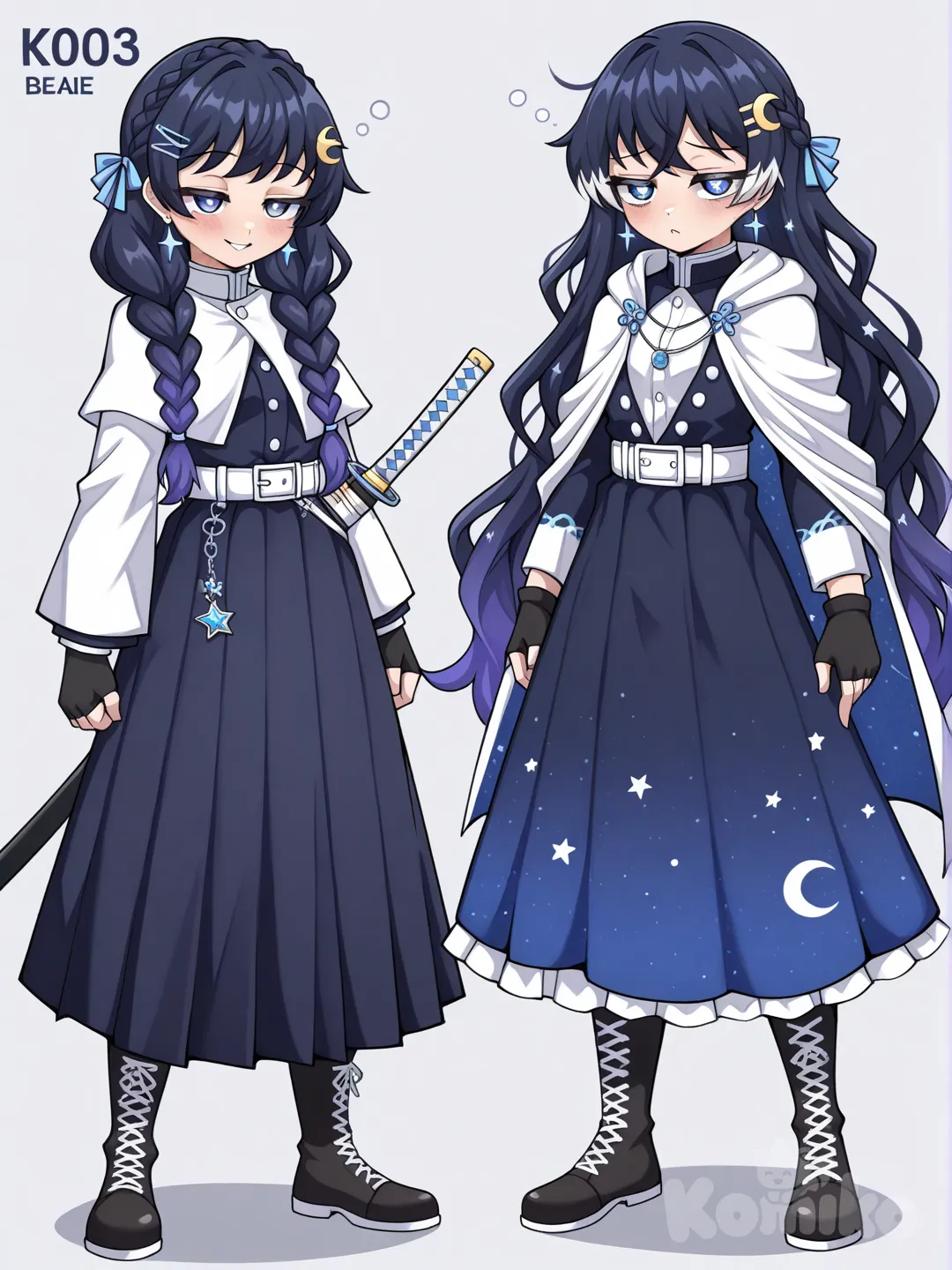 1girl, Demon Slayer style, original character in the world of Demon Slayer, teenager,20 year old, slim, short, fair skin.

Face:
Eyes:
Soft Downturned Almond Eyes

Outer corners slightly lowered

Gives her a kind, comforting look

Makes her seem gentle and approachable

Large Almond Eyes with Relaxed Lids

Not sharp, not round — balanced

Lids look naturally relaxed, almost sleepy

Calm, night-sky presence

Droopy-Lashed Eyes (Very Soft)

Upper lashes curve downward slightly

Eyes always look warm and caring

Fits her quiet, British-soft demeanor

Face shape:
Soft Oval Face

Balanced and elegant

Smooth jawline, no sharp angles

Very Hashira-like and mature

Gentle Heart-Shaped Face

Slightly narrower chin

Soft cheek fullness

Makes her look kind but refined

Lips:

Small to medium-sized lips

Natural soft curve (not sharp or dramatic)

Nose:
Small Button Nose

Very soft and gentle

Slightly rounded tip

Mark:
Light under-eye softness (gives a gentle, tired-but-kind look)
____________________________________________________
Hair:
Texture:
Silky Straight with Natural Flow

Smooth, light movement

Falls neatly but never stiff

Gives her a calm, refined presence

Soft Loose Waves

Gentle waves starting mid-length

Looks airy, like night breeze

Very elegant and soothing

Fine, Feather-Light Texture

Hair looks light and soft

Strands frame her face naturally

Moves easily when she walks

Hair Length:
Long, waist-length — flowing and graceful

HairStyle:
Structure

Two soft braids start from each side of her head

Braids curve upward and meet like a halo/crown

The crown sits gently, not tight or heavy

Secured seamlessly so it looks natural and elegant

🌸 Texture

Hair is silky and smooth at the roots

Braids are loose and slightly airy, not stiff

Ends are softly woven, not sharply tucked

A few fine strands escape naturally for softness

✨ Details That Make It Hashira-Level

Braids are medium thickness, refined and mature

The crown feels ceremonial but practical

Gives her a calm, almost saint-like silhouette

Keeps hair out of her face during battle while still flowing gently
_______________________________________________
Hair/Eye color:

Hair:
Hair Color Design
Base Color

Deep navy / dark blue

Almost night-sky blue

Not too bright, very calm and elegant

Looks dark indoors, richer under moonlight

Highlights

Soft white highlights

Very thin, subtle strands

Catch light like stars

Lavender highlights

Light, muted lavender

Blended softly into the navy

Never harsh or neon

✨ The highlights are sparse, so the hair still feels refined, not busy.

Eyes:
Pale Ice Blue

Very light, almost glowing

Quiet but striking

Feels celestial without being sharp

✨ Eyes have a subtle shine, like reflected starlight.
__________________________________________________________
Hair Accessories:
Star Hair Clip

Small, delicate star shape

Simple design (not flashy)

Placed:

Near the braid crown intersection

Or slightly to the side above the temple

Feels symbolic rather than decorative
____________________________________________________
Uniform:
Top:
Star Hashira Uniform Design (Hoshi Tsukio)
🗡️ Base Uniform

Color: Deep dark blue (night-sky tone)

Style: Modified Demon Slayer uniform made into a long dress

Fit:

Fitted upper body (structured, clean)

Long flowing skirt instead of pants

Length:

Skirt reaches the ankles

Allows movement while running and fighting

Buttons:

Traditional front buttons, subtle and neat

This keeps the official Demon Slayer look while making it elegant and unique.

Bottom:
Layered Skirt Design

Inner skirt:

Plain, dark blue

Lightweight for movement

Outer skirt cover:

Slightly shorter layer

Flows freely over the base skirt

Decorated with small star motifs

The stars are:

Subtle

Evenly spaced

Not overwhelming

When she moves, the stars seem to drift like a night sky.

Shawl Cape:
Shawl Cape (Instead of Haori)

Drapes over her shoulders like a soft cape

Not stiff — flows naturally

Open at the front, no sleeves

Length:

Reaches mid-back or waist

Star Design:

Gentle star patterns scattered across it

Concentrated more toward the edges

Moves lightly with the wind, very celestial

This gives her a Hashira silhouette without a traditional haori.

Geta:
Footwear & Details

Standard Demon Slayer boots

Wrapped leg guards or socks underneath (kept subtle)

Uniform feels ceremonial yet battle-ready
_______________________________________
Weapon:
Blade Shape

Standard katana length (Hashira-grade)

Slightly slimmer and refined, not bulky

Smooth, clean edge made for precision over brute force

The blade feels light in her hands, perfect for graceful movements

✨ Blade Details

Subtle star-like etching running faintly along the flat of the blade
(not deep engravings—almost like light caught in metal)

When drawn, the blade gives the impression of:

Quiet shimmer

Calm night sky

No flashy glow—her power feels controlled and serene

Tsuba (Hand Guard)

Choose one main concept:

1. Star-Shaped Tsuba (Elegant)

Four- or six-point star design

Rounded edges (not sharp)

Symbolic rather than aggressive

2. Crescent + Star Tsuba (Celestial)

Crescent curve with a small star embedded in the center

Represents moon and stars together

Very refined and symbolic

🌙 Handle (Tsuka)

Traditional wrapped handle

Comfortable grip, not thick

End cap is simple and rounded

Designed for long fights without strain

Sheath (Saya)

Smooth and polished

Minimal decoration

Small star emblem near the opening

Clean, elegant silhouette when worn at her side
__________________________________
Accessories:

Hair Accessories

Star Hair Clip

Small, delicate

Placed on her braid crown intersection

Soft metallic shine or matte finish

Tiny Star Charms

Optional, dangling lightly from the braid tips

Moves subtly when she walks

Soft Hair Ribbon

Thin, tied at the base of the braid crown or braid ends

Could match the shawl or highlights

Uniform Accessories

Shawl Cape Star Pattern

Already part of her uniform

Stars embroidered or subtly printed

Leg Wraps / Socks

Dark blue, simple

Keeps her uniform neat and battle-ready

Minimal Belt

To secure her dress upper section

Could have small engraved stars

Weapon Accessories

Star Charm on Hilt

Tiny and symbolic

Barely moves, adds signature detail

Sheath Emblem

Small engraved or painted star

Reflects her celestial theme

🌌 Optional Personal Accessories

Small Pendant Necklace

Tiny star or moon pendant

Worn under uniform, not flashy

Fingerless Gloves

Simple dark blue

Adds grip while fighting, subtle style

Earrings (optional)

Tiny star studs

Not dangling — practical for battle

_______________________________________
Character sheet,weapons,expressions,Back, front,sides