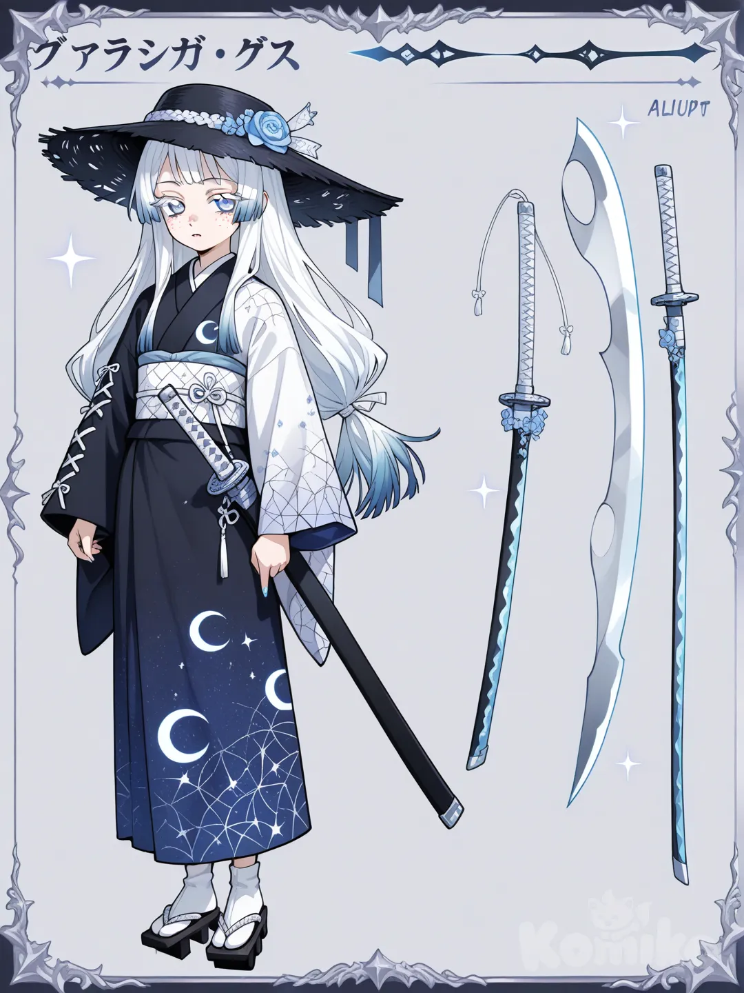 1girl, Demon Slayer style, original character in the world of Demon Slayer, young adult, 23 year old, slim, short, fair skin.
________________________________________________________
Face Shape:
Soft Oval (Moon-Favored)

Smooth, balanced proportions

Gently rounded jaw

Gives her a calm, timeless beauty

2. Heart-Oval Hybrid

Slightly wider cheekbones

Soft taper at the chin

Makes her look kind but quietly powerful

✨ Best fit for her: Soft oval with delicate cheekbones

Eye Shape:
Half-Lidded Almond

Calm, knowing gaze

Looks gentle but ancient

Often mistaken for boredom or serenity

Drooping Outer Corners

Gives a soft, empathetic look

Makes her seem approachable and kind

Perfect for a healer

Wide Almond (Moonlit)

Not big and anime-like

Open, reflective, quietly intense

✨ Best fit: Almond eyes with slightly drooping outer corners
She looks kind even when dangerous.

Eye details:
Long, natural lashes (not dramatic)

Lower lashes slightly more noticeable

Eyes often described as “reflective” or “deep”

Face Features:
Nose

Small and straight

Soft bridge

No sharp angles

Lips

Naturally full but not exaggerated

Soft Cupid’s bow

Usually relaxed, rarely smiling wide

Her expressions are subtle.

Markings:
Crescent Mark

Small crescent beneath one eye or at the temple

Looks natural, almost like a birthmark

2. Star-Freckles

Very faint constellation-like freckles across cheeks or nose

Only noticeable in moonlight 👀

3. Vein-Like Mark

Thin, delicate marking near the neck or collarbone

Looks like cracked light or space裂

✨ Best fit: Crescent mark + faint star-freckles

___________________________
Hair Texture:
Naturally Straight with Soft Flow

Moves like silk

Reflects light beautifully

Feels celestial and calm

Soft Wave (Barely There)

Gentle bends, not curls

Gives her a natural, lived-in look

✨ Best fit: Mostly straight with subtle waves at the ends

Hairstyle:
Fully Loose (Rare)

Only under moonlight or during healing rituals

Considered ominous by villagers

🌙 HAIR COLOR

Base: soft moon-white

Secondary: flowing blue tones woven through the length

Not harsh streaks—more like moonlight reflecting on water

The blue appears stronger:

at the ends

when she’s under the night sky

during breathing techniques

People swear her hair changes shade with the moon.

🌸 BANGS

Wispy, soft bangs

Slightly parted in the middle

Never perfectly even

Frame her eyes gently, never hiding them

They move easily in the wind, adding to her quiet presence.

EYES

Base color: deep celestial blue

Details: tiny star-like flecks scattered inside the iris ✨

When calm: they look gentle and reflective

When serious: the “stars” seem sharper, more visible

LASHES

Pure white lashes

Long but soft, not dramatic

Gives her eyes a glowing, ethereal contrast

Makes people think she’s not fully human

At night, her lashes almost shimmer faintly.

ACCESSORY — BLACK STRAW HAT

Wide-brimmed black straw kasa

Worn low when traveling

Hides her eyes from fearful villagers

Protects her from the sun (symbolic 👀)

Often decorated with:

A pressed flower

A thin string charm

A moon-shaped knot inside (hidden)
______________________________________________
Uniform:
Kimono

Base: dark galaxy-patterned fabric

Looks almost black at first glance

Subtle star-like speckling woven into the cloth

Design: white creeping vines winding across the kimono

Flowers: blackish-blue roses blooming along the vines

Symbolize death, eternity, and the unknown

Sleeves

Asymmetrical sleeves (VERY unique):

One sleeve:

Super long

Laced up the side with thin cords

Slightly open between the lacing, showing layered fabric beneath

Other sleeve:

Fully intact

Long and flowing, draping past her hand

This makes her silhouette instantly recognizable.

Obi (Belt)

Wide obi tied low

Simple, not flashy

Small pressed flower tucked into it (healer habit 🌸)

Undergarments

Layered inner kimono in a lighter tone (not visible much)

Allows movement and breath control

Footwear

White socks (tabi-style)

Geta sandals

Slightly worn

Quiet when she walks—almost unnaturally so

People often don’t hear her coming.
___________________________________________________
🌌 KATANA IDEA 1 — “Tsukikage no Uchu”

(Shadow of the Universe)
✨ Most iconic / main blade

Blade

Slender, slightly longer than average katana

Subtle wave-like pattern along the blade (almost like space distortion)

Matte finish—not shiny

Looks dark in daylight, pale under moonlight

Guard (Tsuba)

Circular

Thin and delicate

Engraved with tiny star and crescent patterns

Handle (Tsuka)

Wrapped traditionally

Very clean, no ornaments

Perfect balance—feels weightless in her hands
________________________________________________
Nails: long white sparkle nails
___________________________________
Character sheet,weapons,expressions,Back, front,sides,Version 1 and 2.