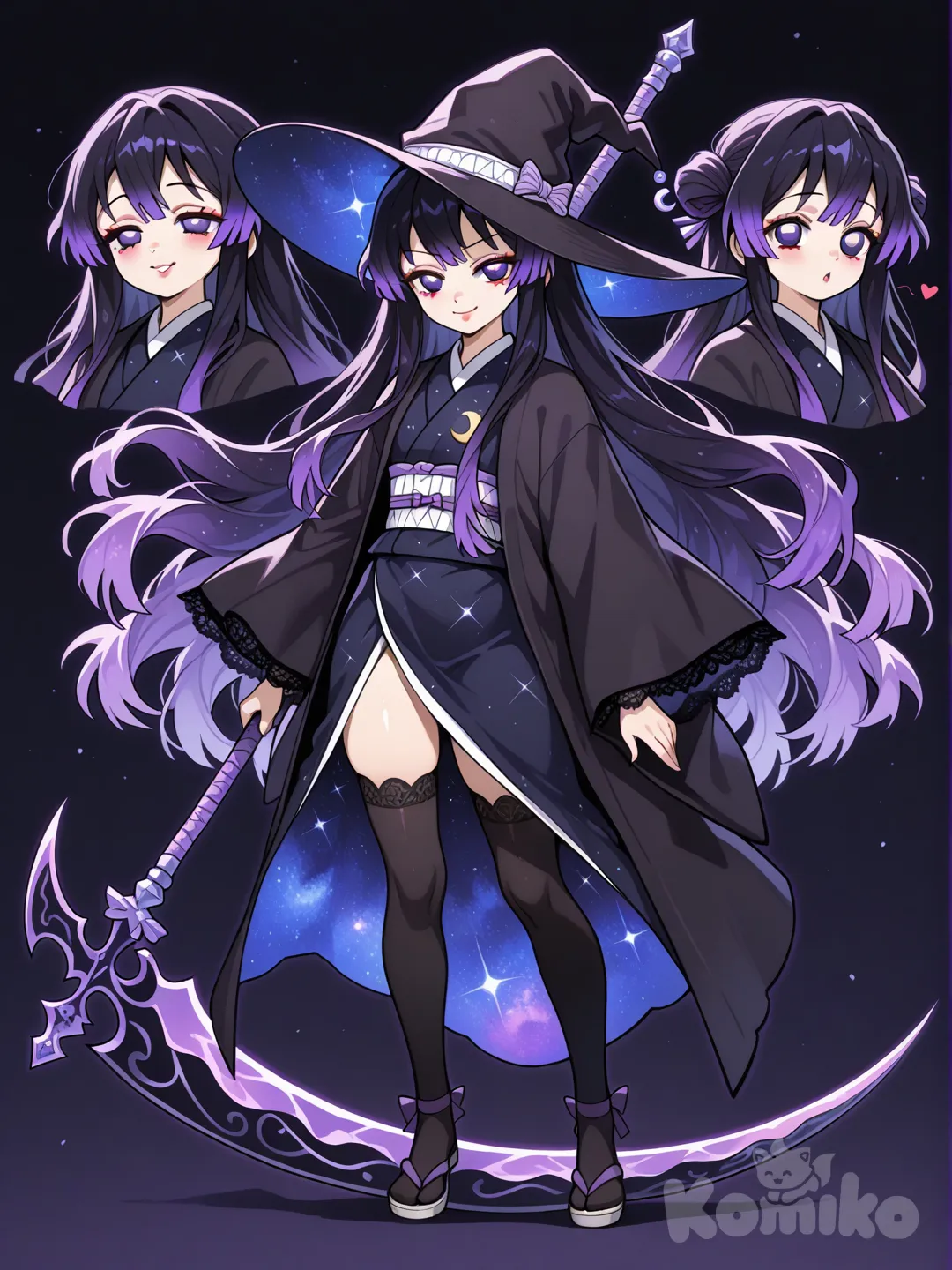 1girl, Demon Slayer style, original character in the world of Demon Slayer, young adult, 18 year old, slim, short, fair skin.
________________________________________________________
Body shape:

Slender, graceful build

Soft curves, not exaggerated

Light steps, almost floating

When she moves, fabric and hair follow like gravity bends
________________________________________________________
Face features:
Face Shape

Soft heart-oval (gentle but striking)

Smooth round-oval (youthful, ethereal)

Eyes:

Long almond eyes with slightly downturned corners (calm, kind)

Soft doe eyes with long lashes (sweet, approachable)

Half-lidded almond eyes (mysterious, wise beyond her years)

Eyebrows:

Thin, softly arched brows

Straight brows with gentle taper

Natural brows with slight curve (serene look)

Nose:

Small, straight nose

Soft button nose

Lips:

Small heart-shaped lips

Soft rounded lips with gentle cupid’s bow

Thin upper lip, fuller lower lip (subtle elegance)

________________________________________________________
Hair Texture:
Texture

Silky straight

Soft wavy

Light natural curl at the ends

Mid-thigh (Sengoku goddess vibes 😩)
________________________________________________________
Hair Style:
Long flowing hair 

Messy bun at the back
_________________________________________________________
Colors:
Hair Color (Cosmic Gradient)

Roots: Soft light lavender

Almost misty, like dawn in space

Mid-length: Muted deep purple

Rich and elegant, not too dark

Gives depth and authority

Tips: Fading back into light lavender

Creates a halo-like effect at the ends

Highlights:

Thin, natural light lavender strands

Catch light subtly—never flashy

Look almost star-dusted in moonlight

👉 In battle or under starlight, her hair looks like a nebula in motion.

Eye Color: Deep, luminous purple

Pupils: ✨ Star-shaped pupils

Sharp but elegant

Not always visible—appear clearly when:

She focuses

Uses Black Hole Breathing

Feels strong emotion

Overall Effect

Ethereal, otherworldly beauty

Still soft and youthful

Clearly not ordinary

One look and people understand why she was called a witch
________________________________________________________
Uniform:
Main Outfit: Galaxy Witch Kimono

Silhouette: Traditional Sengoku kimono, but elevated

Length: Very long, flowing to the ankles

Fabric: Soft, layered silk that moves like drifting space 
Covering legs

✨ Sleeves

Extremely long, wavy sleeves

Trail gracefully when she walks

Almost float, like they’re weightless

Edges: Delicate lace trim

Thin and elegant, not frilly

Adds a forbidden, otherworldly softness

When she fights, the sleeves ripple like constellations bending

Galaxy Haori

Worn loosely over the kimono

Design: Subtle galaxy pattern

Stars, faint nebula swirls

Looks like the night sky trapped in fabric

Inside lining:

Slight shimmer, like starlight

Moves independently, almost as if space itself follows her

Very long

Headwear — Black Straw Hat

Wide-brim black straw hat

Light enough to tilt with the wind

Shadows her eyes just enough to make her unreadable

When she lifts her head and her star pupils show?
👉 Chills.

Legwear

Long black socks

Thigh-high to knee-high

Clean, simple, traditional

Grounds the outfit so it doesn’t feel too divine

Practical for travel and combat

Overall Aesthetic

Galaxy witch

Sengoku mysticism

Elegant but dangerous

Soft sparkles—not flashy

Looks like a myth walking through history
______________________________________________________
Weapons:
🕳️ Weapon Type

A long-handled scythe

Taller than Uchu herself

Used with calm, fluid movements—not brute force

Feels more like guiding space than swinging a weapon

Scythe Handle

Color: Deep cosmic black

Looks like:

A night sky with faint stars embedded inside

Texture:

Smooth, almost unreal

Cold to the touch

Subtle glowing star veins run through it when she uses her Breathing

Engraved along the handle (ancient script):

“Space bends to will.”

Scythe Blade

Shape: Long, elegant crescent

Not bulky—razor-clean and graceful

Material appearance:

Looks like condensed space

Shimmers with galaxy swirls, stars, and nebula light

The edge:

Never looks sharp

Yet cuts through anything effortlessly

When held still, the blade seems to:

Slightly distort the air

Pull light inward

Quiet the world around it

Space Effects (Non-Graphic, Lore-Based)

When swung:

Space warps gently

Leaves starry trails behind

When she stops moving:

The air feels heavier

Sounds feel distant

Enemies feel like they’re being pulled, not attacked

This is why people thought she was a witch.

🌙 Special Details

A small crescent charm hangs near the blade joint

Occasionally glows when:

She’s calm

She’s teaching

She’s protecting others

Never reacts to anger—only focus

_____________________
Face marking:
Red eye makeup under her eyes
____________________,_,__________________________________
Character sheet,weapons,expressions,Back, front,sides,Version 1 and 2.