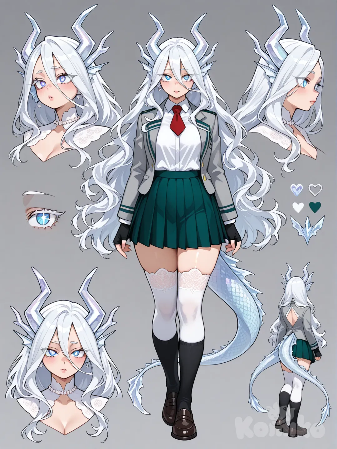 1girl, 
________________________________________________________
Body shape:

________________________________________________________
Face features:
Soft heart-shaped face

Slightly wider forehead

Gentle taper to the chin

Gives royal + approachable energy

Oval with delicate angles

Balanced, timeless

Looks calm even when emotional
____________________
Eyes:
Large almond-shaped eyes

Elegant, mature, princess energy

Downturned outer corners

Makes her look soft and emotional

Gives “please be kind to me” vibes
_______________________
Eyebrows:
Soft straight brows with a gentle arch

Calm, elegant, controlled
______________________
Nose:
Small straight nose

Clean bridge

Very refined, classic royalty
____________________
Lips:
Soft, full bottom lip

Makes her look gentle and comforting

Cupid’s bow, but subtle

Feminine, princess-coded

Naturally pouty shape

Looks dramatic even when she’s quiet
________________________________________________________
Hair Texture:
Silky with natural wave

Looks smooth at first glance

Subtle movement when she walks

Very royal, very model-coded

Soft, flowing waves

Romantic, elegant

Gives “storybook princess” energy
________________________________
Bangs:
🌸 1. Soft Curtain Bangs

Vibe: Elegant princess, gentle, emotionally warm

Parted slightly in the middle

Longer pieces frame her cheeks

Blends smoothly into long hair
________________________________________________________
Hair Style:
Loose with face-framing strands

Soft, approachable

Hides her intensity
_________________________
Length:
Upper-thigh length (very long)

Mythical, dragon-like

Makes her stand out immediately
____________________________________________________________
Hair color:
Soft Pearl White / Moonlit Silver

Vibe: Royal, rare, otherworldly

Makes her look born special

Feels ancient and elegant

Beautiful contrast with her dragon form

Perfect if you want her to feel:

“Not human… but kind.”

 Crystal Pastel Blend

Vibe: Fairy-like, ethereal, unique

Soft pastel tones blended naturally

Looks like light refracting through crystal

Ties directly to her quirk

Perfect if you want:

Living crystal princess energy

Eye color:
Soft Crystal Iris

Vibe: Gentle, mesmerizing

Looks like light trapped in glass

People get lost in her gaze

Reflects her emotional sensitivity

Great for:

Empathy + emotional depth

Deep Sea Gradient Eyes

Vibe: Calm but endless

Darker toward the edges

Lighter toward the center

Feels oceanic and mysterious

Gentle Glassy Eyes

Vibe: Tragic beauty

Slight shine, always looks emotional

Makes her look kind and tired

People want to protect her
___________________________
Eye details:
Eyes glow faintly when stressed

Crystalline reflections appear in pupils
________________________________________________________
Uniform:
Blazer

Color: Light gray (as you said)

Cut: Classic fitted school blazer

Length: Hits just below the hips

Collar: Standard notch collar

Buttons: Silver or pearl-like buttons for a subtle royal vibe

Optional: Light embroidery along inner lining (like faint crystal shards, only visible if open)

Shirt

Color: Crisp white

Standard button-up, long-sleeved

Collar neatly tucked under blazer

Optional small ruffle at cuffs to give a gentle, elegant feel

Skirt

Color Options: Dark green OR dark aqua (you chose)

Style: Pleated, falls just above the knee

Movement: Flows nicely when walking, soft and elegant

Optional: Small subtle shimmer threads woven in (very subtle, gives crystal princess energy)

Tie / Ribbon

Option 1: Dark green to match the skirt, slim and classy

Option 2: Dark aqua to match the skirt, adds uniqueness

Tie style: Neat, mid-sized knot; slightly silky texture

Socks / Shoes

Socks: White or light gray knee-high socks

Shoes: Standard black loafers (slightly glossy, model-like finish optional)

Extras / Personality Touch

She could wear her blazer slightly open, showing elegance

Hair flowing over blazer when she moves → princess energy

Optional crystal-shaped hair accessory pinned at collar or on lapel for a subtle quirk hint
_____________________________________
Hero Uniform:
Overall Theme

Crystal-inspired: shimmering, reflective, ethereal

Elegant + practical

Princess energy, but deadly in battle

Pearls as accents to hint at royalty and the sea

Subtle skin show (neckline, upper back, or sides), tasteful and strategic

Torso / Top

Style: Form-fitting bodysuit with a high collar (dragon neck vibes)

Material: Semi-shimmering fabric that catches light like crystal shards

Crystals: Small crystal embellishments along the shoulders and chest, looks like naturally growing crystal veins

Neckline: Slight V-shape or cutout triangle at collarbone (shows a hint of skin, elegant not revealing)

Pearls: Small pearl chains running along seams or neckline

Back: Optional subtle back cutout in diamond shape

Sleeves / Arms

Long sleeves: Fitted, almost glove-like

Crystal accents: Along forearms and shoulders, looks like natural growth

Fingerless glove style tips: For practical fighting

Skirt / Lower Half

Style: Short asymmetrical skirt or layered fabric

Length: Mid-thigh for mobility, flows like a princess gown when standing still

Crystal detail: Faint shards along hem that sparkle

Optional slit on sides: Tasteful, for movement and subtle elegance

Legwear

Leggings / tights: Soft sheer with shimmer or faint crystal patterns

Shoes / Boots: Mid-calf boots with pearl and crystal accents, slightly armored but sleek

Accessories / Horns / Details

Crystel Horns:

Grow naturally from her head

Smooth, pastel-crystal colored

Slight curve, elegant but strong

Can glow faintly when using quirk or in dragon form

Pearls:

Woven into hair or horns

Small pearl chains along shoulders or waist

Other touches:

Faint crystal veins along sides, arms, and legs

Subtle shimmer thread in fabric

Optional thin capelet or shoulder accent mimicking crystal shards (small, doesn’t get in the way)

Vibe & Function

Elegant & mystical like a crystal princess

Practical for combat & agility

Hints at power without over-revealing

Her quirk + horns integrated naturally into design

Looks intimidating and ethereal when in battle
_____________________________
Sea Dragon form:
Overall Body Shape

Length: Massive but sleek; like a sea serpent meets dragon

Build: Long, graceful, serpentine body

Not bulky, more fluid and agile

Muscular enough to intimidate but elegant

Neck & Head:

Long, flexible neck

Slightly tapered snout

Crystal horns grow from the top of her head, larger and sharper than human form

Eyes larger, mystical, slightly slitted pupils

Tail:

Long and whip-like

Finned edges along tail for swimming and graceful movement

Can subtly glow with her quirk energy

Fins & Wings

Back fins:

Crystal-like fins run along her spine

Slightly jagged but flowing like water

Side fins / limb fins:

Near forearms or legs (if she grows limbs like a dragon)

For swimming, flight-like gliding, or dramatic flaring

Optional wing hint:

Small crystalline wing fins along shoulder blades (not huge wings)

Adds elegance + royalty flair

Skin / Scale Texture

Smooth, shimmering surface

Crystal growths along:

Forehead / horns

Back and spine

Joints (elbows, knees, tail)

Crystals should look like they naturally grow out of her skin, almost delicate but dangerous

Slight water-like ripple texture across body, emphasizing sea dragon origin

Face / Head Features

Longer, elegant snout

Slitted mystical eyes

Crystalline horns: slightly curved, elegant, royal-looking

Subtle frills along cheeks and jawline to give aquatic look

Faint crystal “crown” shape on forehead (optional)

Limbs / Claws

Slightly clawed fingers and toes if she has limbs

Long, elegant, functional

Crystals emerge at knuckles or tips during attacks

Special Features / Signature Traits

Crystal Veins: Glow subtly when her quirk activates or emotions spike

Pearl Accents: Along fins, tail, or horns (royal touch)

Fins & Tail Motion: Flow like water; graceful in air and sea

Expression: Calm and mesmerizing at rest; terrifying when angry

Vibe

Ethereal, majestic, regal

Powerful and beautiful

Princess + sea dragon + crystal energy combined

Her presence alone commands awe


______________________________________________________
Weapons:

__________________________
🌙 Special Details
. Horns

Small, pastel-crystal horns peek subtly through her hair

Glow faintly when emotions spike or quirk activates

Slightly curved, elegant, hinting at her dragon heritage

2. Crystal Accents

Small crystal growths along collarbones, shoulders, or wrists

Pearlescent shimmer when light hits

Can appear faintly on fingers like rings or claw tips

3. Eyes / Gaze

Slight crystalline sparkle in pupils

When quirk is ready or emotions spike, pupils flare subtly

Can reflect pastel rainbow tones lightly like fractured light

4. Hair Details

Flowing hair subtly lifts or moves even without wind when she’s emotional

Tiny crystal shards could be woven into braids or strands for combat/princess energy

. Skin / Subtle Quirk Traces

Soft shimmer along shoulders, forearms, or back—barely noticeable

Gives a magical aura without looking unnatural

6. Outfit Accents

Pearls sewn delicately along hero suit seams

Crystal-like embroidery glints under light

Small shoulder or chest crystal growths as part of hero uniform

🌊 SEA DRAGON FORM – SPECIAL DETAILS
1. Crystalline Features

Horns grow longer, sharper, and more glowing

Crystal spines along back and tail, jagged but flowing

Fins edged with subtle crystal shards that reflect light

Eyes

Larger, mystical, slightly slitted pupils

Glow brighter with quirk activity

Can show faint pastel rainbow shimmer in rage or emotion spikes

4. Skin / Scale Texture

Shimmering water-like texture across body

Crystal growths naturally emerge from joints, spine, and horns

Fins and tail ripple as if underwater even in air

5. Tail & Fins

Tail long and whip-like, edged with small crystals

Fins fan out gracefully for swimming or combat display

Slight glow along fins in emotional spikes

6. Movement / Aura

Hair / mane-like strands from head/back flow like water currents

Crystals and pearls faintly glow when quirk energy is high

Aura of royalty + danger is visually obvious

__________________________
Character sheet,weapons,expressions,Back, front,sides,Version 1 and 2,version 3
__________________________________,
 My Hero Academia style, original character in the world of My Hero Academia