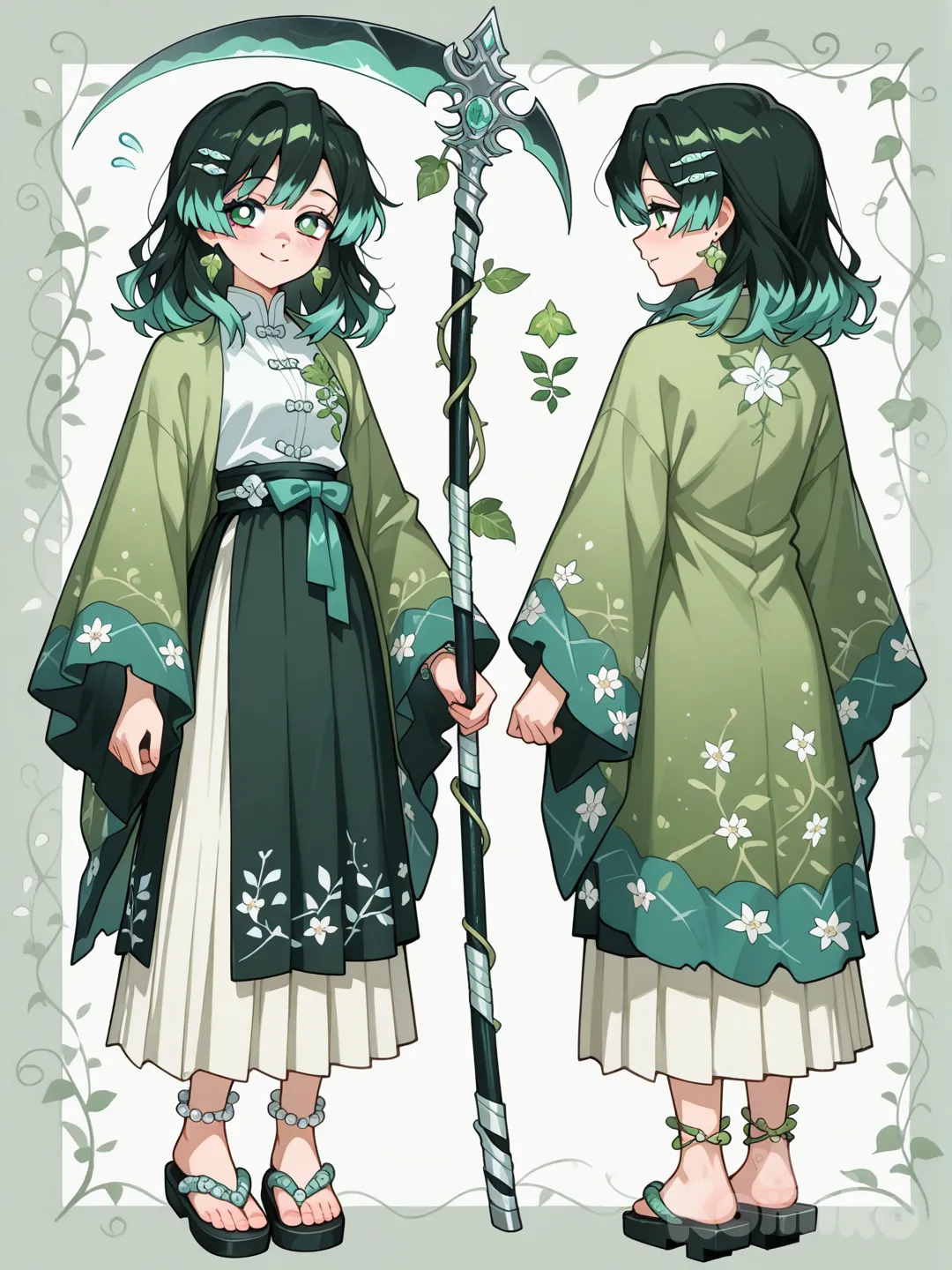 1girl, 
________________________________________________________
Body shape:
Short,slim,and small chest
________________________________________________________
Face features:
Soft Strength (my top pick)

Face shape: Soft oval with a slightly wider jaw

Gives her a grounded, reliable presence

Feels like someone who stands firm and protects others

Not sharp, not baby-round — balanced and mature

✨ Opinion: This fits Earth Breathing perfectly. Calm power, not flashy.
 
Mixer with Heart-leaning with Structure

Face shape: Subtle heart shape but with a defined chin

Softer cheeks, but the jaw isn’t weak

Makes her look gentle at rest, serious in battle

Not overly stylized
____________________
Eyes:
Option B: Wide Soft Almond

Slightly bigger eyes

Rounded bottom lid

Expressive but calm
✨ “I listen more than I talk” energy
Mixed with 
Half-Lidded Gentle Eyes

Calm, almost sleepy look

Gives her a peaceful presence

Very grounded, earth-like
✨ Quiet confidence
Detail Options

Thin upper lashes, almost natural

Lower lashes barely noticeable

Slightly heavier eyelids

Soft under-eye shadow (NOT tired, just gentle)

Optional cute detail ideas:

Eyes often half-lowered when she’s nervous

Small closed-mouth smile

Eyes looking slightly to the side

Gentle surprised expression (wide eyes, tiny mouth)
______________________
Nose:
Simple nose
Slight downward eyebrow tilt

Eyebrows not sharp, slightly curved
____________________
Lips:
Soft mouth
________________________________________________________
Hair Texture:
Mix:
Silky Straight – smooth, simple, very calm presence

Soft Straight (slight bend) – natural, not perfectly flat

Loose Natural Wave – subtle movement, gentle vibe

Soft Wavy (mid-wave) – shy but pretty when it moves

Fluffy Straight – a little volume, soft and warm

Fine Hair Texture – delicate, gentle strands

Medium Thickness – balanced, very Demon Slayer canon

Soft Layered Texture – gives depth without being bold

Airy Light Texture – floats slightly when she moves

Slightly Messy Natural – looks like she doesn’t over-style it

Very light curls only at tips – grounded softness
________________________________
Bangs:
Mix:
Soft straight bangs – shy and classic

Curtain bangs – gentle face framing

Wispy bangs – light, airy, timid

Side-swept bangs – calm and elegant

Long bangs that blend into hair – very natural

Piecey bangs – slightly messy, cute
________________________________________________________
Hair Style:
Fully down
_________________________
Length:
Waist-length – slow, flowing movements

Hip-length – dramatic but gentle
____________________________________________________________
Hair color:

Hair color:
🌿 HAIR COLOR CONCEPT (soft, natural fantasy)

Base tone: muted mint green (NOT neon)

Undertone: very soft aqua sheen that only shows in light

Tips or inner strands: slightly lighter mint or near-white fade

✨ Effect: her hair looks earthy and fresh, like dew on leaves.

Optional subtle detail:

Thin aqua highlights near face strands (very minimal)

Eye color:
EYE COLOR IDEA

Base iris: Light mint green — soft, shy, quiet

Outer ring / pupil accents: Faint aqua shimmer — makes her gaze gentle but memorable

Highlight / spark: Tiny white flecks — gives her eyes a soft glow, innocent and dreamy
✨ Overall eye effect: “calm forest pond reflecting the sky” — inviting but reserved, very Earth Breathing vibes
___________________________
Eye details:
IRIS & PUPIL DETAILS

Large, round pupils – innocence, approachable

Slightly elongated pupils – calm, mystical vibe

Gradient iris – mint green base, soft aqua top

Outer rim slightly darker – subtle depth

Tiny white flecks in iris – sparkle, shy energy

Soft watery glow effect – makes her eyes feel “alive”

Minimal lines inside iris – soft texture, realistic

Subtle reflective shine on bottom – gives tender, shy gaze

Single light streak across iris – like a ray of light, subtle but striking

Inner corner highlight only – draws attention to gaze without being flashy 

White flower shaped pupils
________________________________________________________
Uniform:
Mixed:
Hidden Meadow

Uniform: Olive green vest over white inner shirt

Skirt: Dark green pleated maxi skirt

Haori: Mint base with tiny floral patterns

Extras: Hem embroidered with tiny white flowers

Vibe: Gentle, shy, earthy

Uniform: Pale green top with layered sleeves

Skirt: Dark green maxi skirt, slit only on sides for movement

Haori: Light mint with small clover/leaf motif

Extras: Subtle silver thread accents

Vibe: Cute, shy, earthy charm
Uniform: Aqua fitted top with flowing sleeves

Skirt: White flowing maxi skirt

Haori: White → mint gradient with ripple patterns

Extras: Tiny beads or shimmer at hem

Vibe: Gentle, soft, peaceful

Calm Horizon

Uniform: Pale aqua tunic

Skirt: White long layered skirt

Haori: Soft mint with geometric mountain/earth patterns

Extras: Flowing sleeves with embroidered edges

Vibe: Peaceful, elegant, quiet confidence
______________________
Accessories:
Hair Accessories

Tiny moss-green hair clips shaped like leaves

Small mint-colored flowers woven into braids

Aqua ribbon tying a half-up ponytail

Pearl-like dew drop pins on side strands

Subtle vine-shaped hair chain running along hairline

Delicate branch-inspired hairpins for formal occasions

Tiny crystal beads mimicking water droplets

Hair ornament shaped like a mini forest mushroom

Small butterfly clips in soft white and mint

Feather-shaped pins in pale aqua

Jewelry / Personal Touches

Thin vine bracelets in bronze or mint

Tiny leaf earrings in gold or silver

Beaded anklets hidden under skirt, mimicking dew drops

Waist charms: small stones, leaves, or crystals tied to belt

Soft, nature-inspired rings (twisted vine style)

3. Moss-Themed Scythe (Her Signature Weapon)

Blade: Long, curved, silver with subtle green shimmer

Edge detail: Etched with vine and leaf patterns

Pole: Dark wood wrapped in moss and leather

Extra detail: Tiny white crystal “dew drops” embedded along pole

Style: Elegant but deadly, balanced for Earth Breathing style

Optional magical effect: Leaves or moss glow faintly when she channels breathing

Geta (Demon Slayer Sandals)

Base: Wooden platform painted subtle mint or brown

Straps: Aqua or white with moss/leaves embroidery

Extras: Tiny leaf charms dangling from straps

Special touch: Slight curve to allow movement with long skirt

Optional: Soft fabric lining for comfort and stealth

5. Belt / Sash Accessories

Small moss-green pouches for herbs or charms

Rope or braided belt mimicking vines

Tiny ornamental stones tied along sash

Aqua ribbon flowing slightly behind when walking

6. Optional Extras

Light moss cloak / shoulder wrap for traveling quietly in forests

Mini charm of a flower or stone tied to scythe or belt

Nature-inspired mask for stealth missions (subtle leaf pattern)


__________________________
Character sheet,weapons,expressions,Back, front,sides,Version 1 and 2,version 3
__________________________________, Demon Slayer style, original character in the world of Demon Slayer