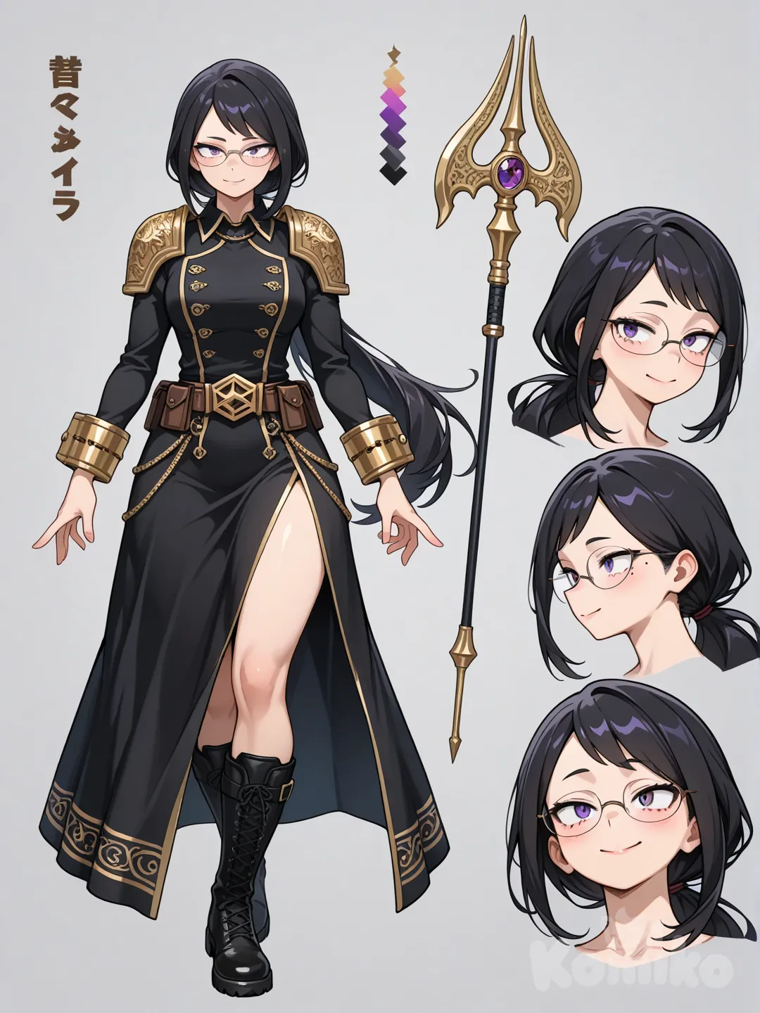 1girl, 
________________________________________________________
Body shape:
Soft hourglass (gentle curves, natural look)

Athletic hourglass (defined but feminine)

Flexible dancer build (long limbs, toned)

Yoga-practitioner build (lean, balanced)

Slim with soft curves
________________________________________________________
Face features:
Soft oval

Rounded oval

Heart-leaning oval
____________________
Eyes:
Rounded almond

Slightly droopy (gentle look)

Gentle curve eyes
_______________________
Eyebrows:
Long slim small

Soft straight brows

Gently arched brows
______________________
Nose:
Small rounded nose

Soft button nose
____________________
Lips:
Soft, natural lips

Slightly full bottom lip

Balanced top and bottom

Rounded cupid’s bow
__________________________
Mark:
Small beauty mark under eye

Gentle smile lines
________________________________________________________
Hair Texture:
Straight and smooth

Slightly wavy

Soft waves

Loose curls

Tight curls

Fluffy texture

Silky texture

Natural frizz

Controlled frizz
________________________________
Bangs:
Side-swept bangs

Soft straight bangs
________________________________________________________
Hair Style:
Low ponytail
_________________________
Length:
Waist-length
____________________________________________________________
Hair color:
Midnight black

Eye color:
Muted purple
___________________________
Eye details:
Ringed iris (darker outer ring)

Gradient iris (top darker, bottom lighter)
________________________________________________________
Hero Uniform:

A professional My Hero Academia–style hero uniform, elegant and authoritative.
The outfit consists of a long black coat-dress hybrid with structured tailoring, gold trim accents running vertically along the seams, and reinforced gold shoulder guards.
A wide gold utility belt with a geometric emblem at the center secures the waist.
The sleeves are fitted with gold armored cuffs, subtle and practical rather than bulky.
The lower half features a long split coat panel over a sleek black bodysuit, designed for mobility.
Knee-high black combat boots with gold armor plating at the shins and reinforced soles.
The overall design balances professional teacher authority, pro hero functionality, and elegant confidence, with no exposed skin and a refined, mature silhouette.
Color palette: matte black, polished gold accents.
 Glasses
__________________________
Character sheet,weapons,expressions,Back, front,sides,Version 1 and 2,version 3
__________________________________,
 My Hero Academia style, original character in the world of My Hero Academia