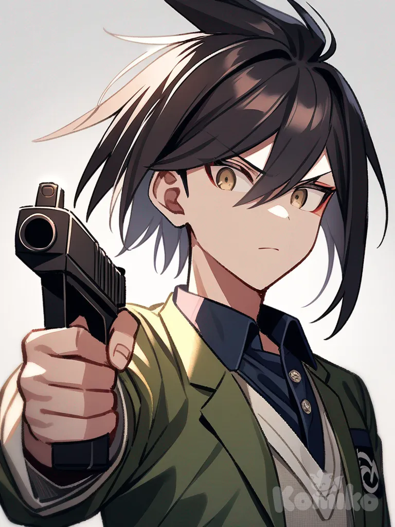 1boy, danganronpa v3: killing harmony, momota kaito, holding gun, upper body, clean background
