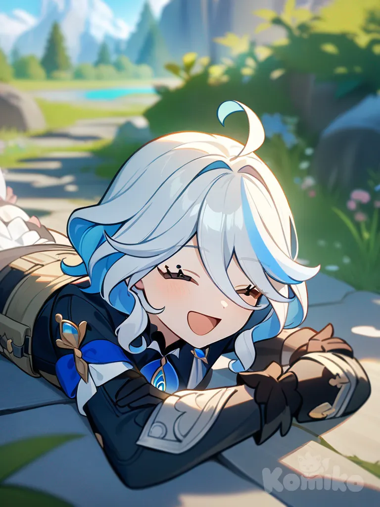 1girl, anime coloring, Bronya Rand, laughing, @Furina_(Genshin_Impact), no , pastel colors, lie on stomache, outdoor adventure jacket, full body