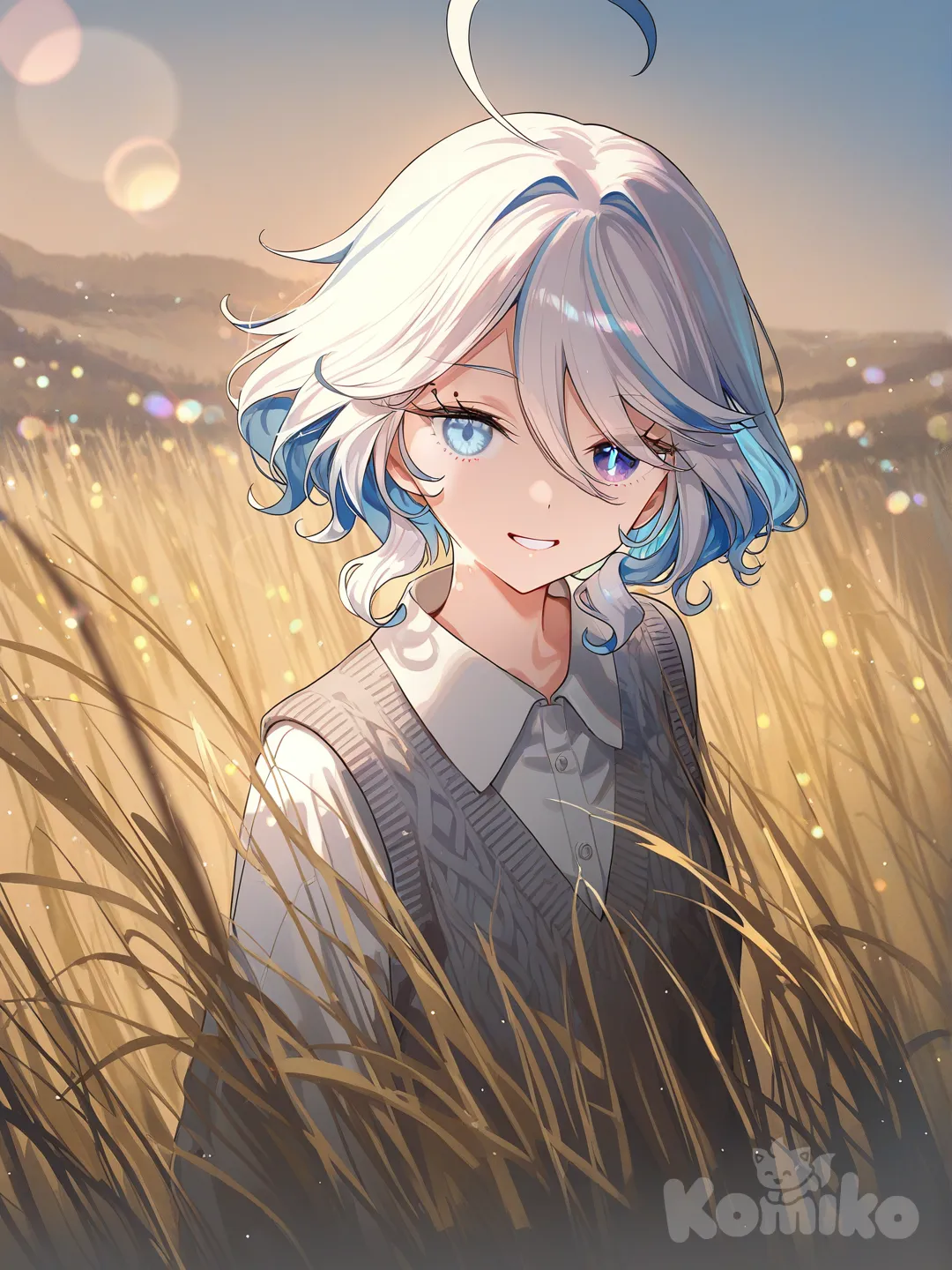 [iridescent-style], 1girl, @Furina_(Genshin_Impact), evil smile, knitted vest, grassland