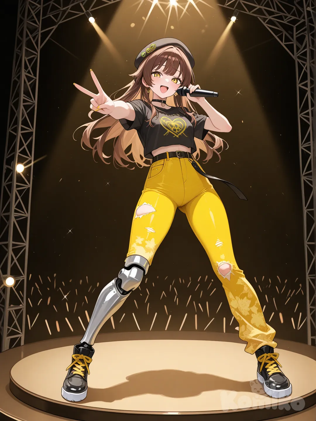 @Hyuna, singing, v sign, smile, beret, full body, light, stage