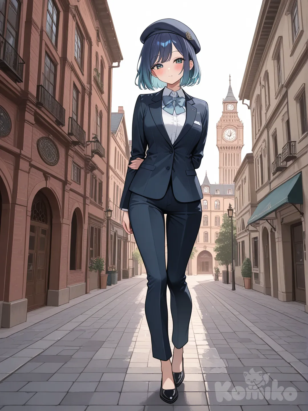 @Kurokawa_Akane, blush, suit, beret, full body, clock tower