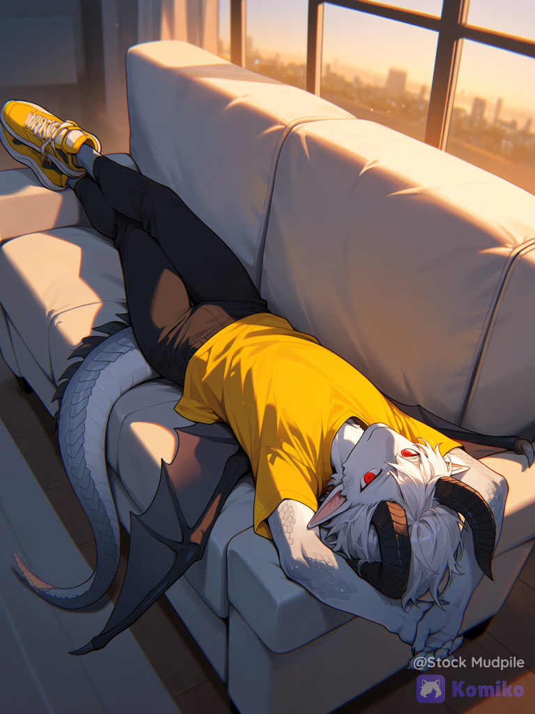 @ryu-sera-BJeJ, dragon male, lying on couch, from above, yellow shirt, black jogger pants, looking up, arms over head, hands over head, living room, indoors, ambient lighting, white scales, white hair, black horns, blank eyes, expressionless, rim light, ethereal lighting, day lighting, depth of field, stretching arms, evening, sunset through window