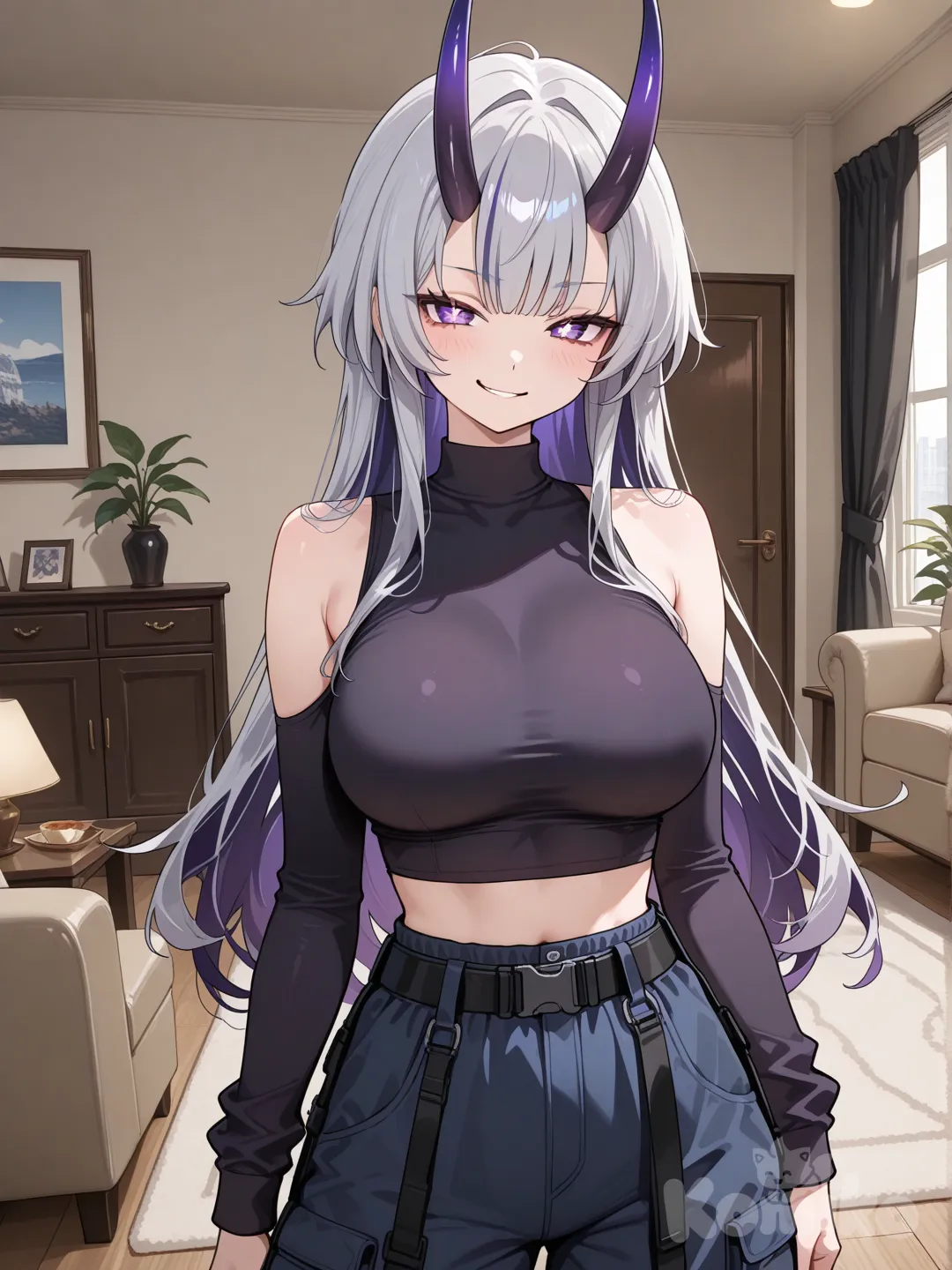 1girl, light grey hair, dark purple inner hair, purple eyes, x-shaped pupils, layered clothes, dark blue crop top, looking at viewer, long hair, dark blue pants, cargo pants, living room, dark purple horns, standing, streetwear clothes, upper body, black belt, high neck crop top, smirk, oni horns, large breasts, bare shoulders, tactical pants, tight sleeves, (no jackets)