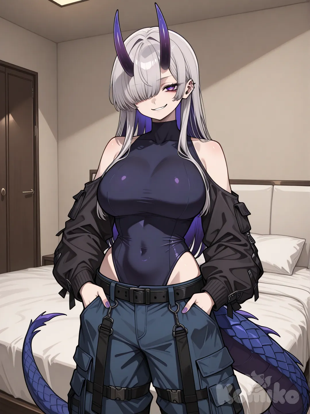 1girl, light grey hair, dark purple inner hair, purple eyes, x-shaped pupils, layered clothes, dark blue leotard, looking at viewer, long hair, dark blue pants, cargo pants, dark purple horns, standing, streetwear clothes, black belt, highleg high neck leotard with black sleeves, oni horns, large breasts, tactical pants, (no jackets), big dragon tail, shoulder cutout, living room, on bed, covered collarbone, one eye covered, front view, purple nails, hands in pockets, smirk, kachiakuta