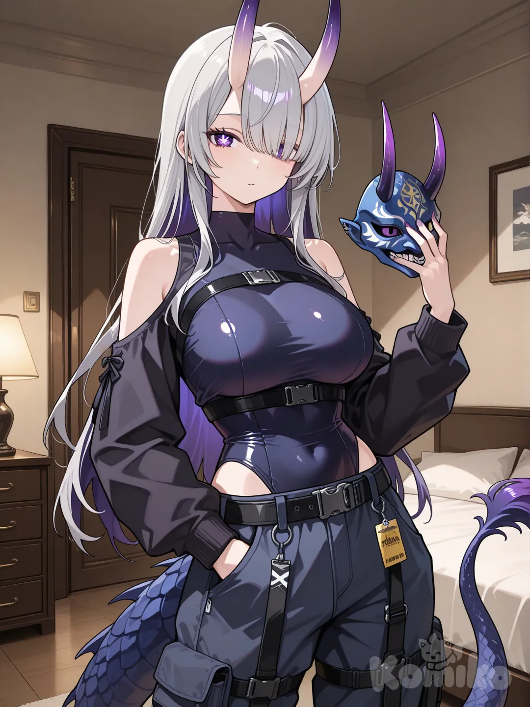 1girl, light grey hair, dark purple inner hair, purple eyes, x-shaped pupils, layered clothes, dark blue leotard, looking at viewer, long hair, dark blue pants, cargo pants, dark purple horns, standing, streetwear clothes, black belt, highleg high neck leotard with black sleeves, oni horns, large breasts, tactical pants, (no jackets), big dragon tail, shoulder cutout, living room, on bed, covered collarbone, one eye covered, front view, purple nails, left hand in pockets, bleach, holding mask, half oni mask, no latex, japanese clothes, no shiny effect, chineses collabone