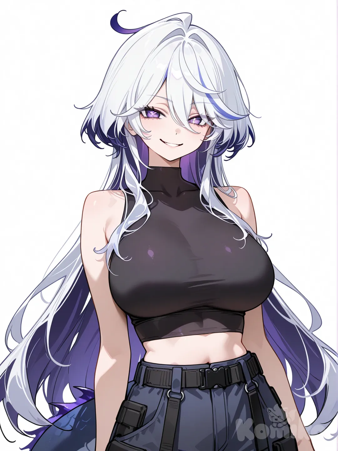 1girl, white hair, dark purple inner hair, purple eyes, x-shaped pupils, large breasts, layered clothes, looking at viewer, long hair, dark blue pants, cargo pants, standing, streetwear clothes, ((no jackets)), dragon tail, covered collarbone, front view, evil smile, white background, very long hair, smile, hair over breasts, cowlick, tactical pants, upper body, sleeveless crop top, sketch, colored inner hair, tight shirt