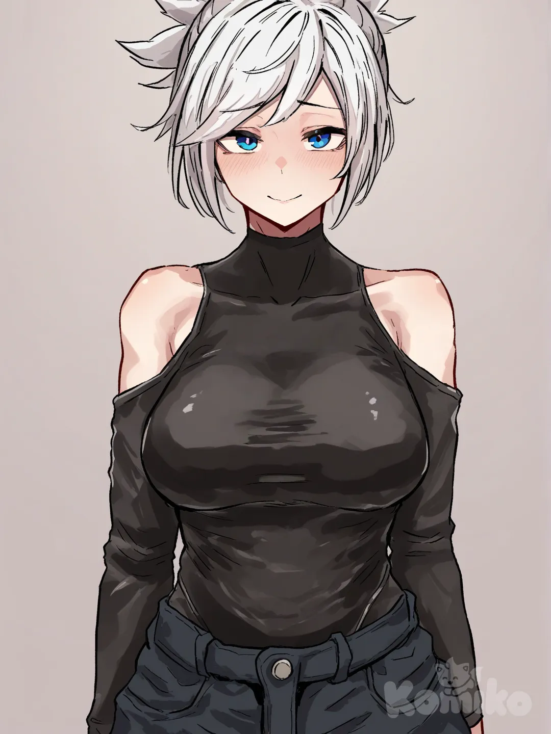 1girl, layered clothes, looking at viewer, black cargo pants, standing, streetwear clothes, ((no jackets)), covered collarbone, front view, smile, tactical pants, upper body, black leotard with black long sleeves, shoulder cutout, modern clothes, bedroom, shy, [hentai-style], @Riven_(League_Of_Legends), techwear