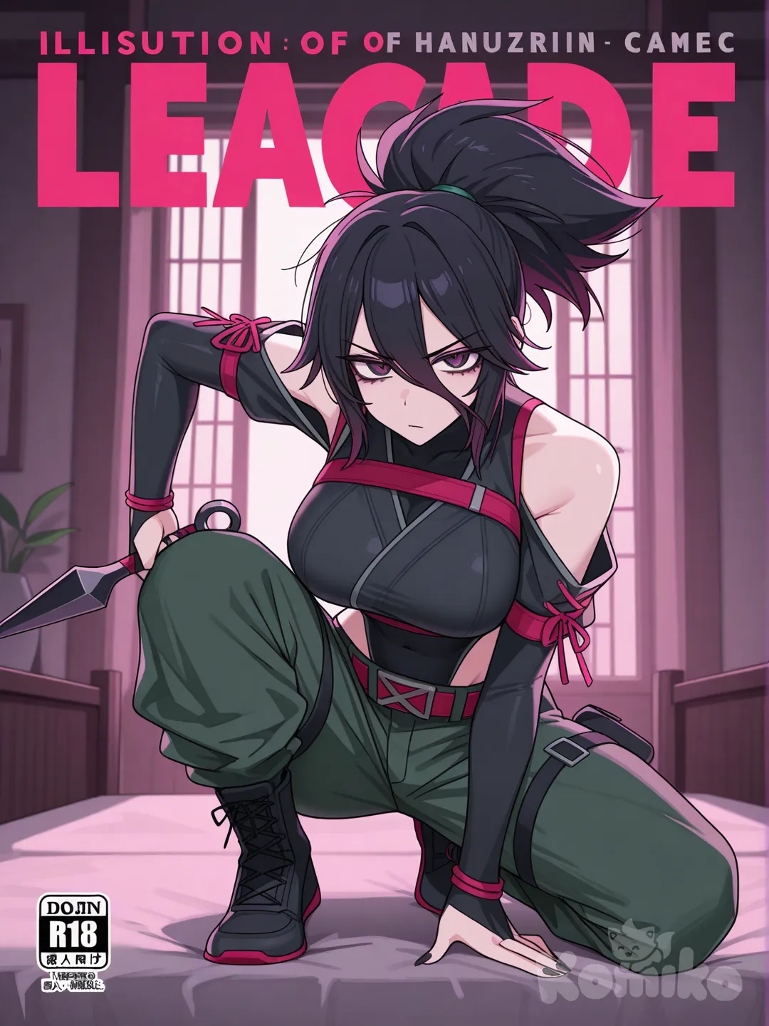 @Akali, black highleg leotard, cargo pants, bedroom, elbow gloves, detached sleeves, shoulder cutout, holding kunai, manga cover, fusion, @Briar_(League_Of_Legends), alternate costume, large breasts, [toon-shaded-style], cross-laced sleeves, elbow on knee, on one knee