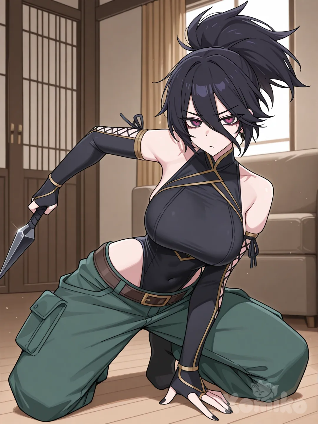 @Akali, black highleg leotard, cargo pants, living room, elbow gloves, detached sleeves, shoulder cutout, holding kunai, manga cover, fusion, @Briar_(League_Of_Legends), alternate costume, large breasts, [toon-shaded-style], cross-laced sleeves, on one knee, one hand on knee