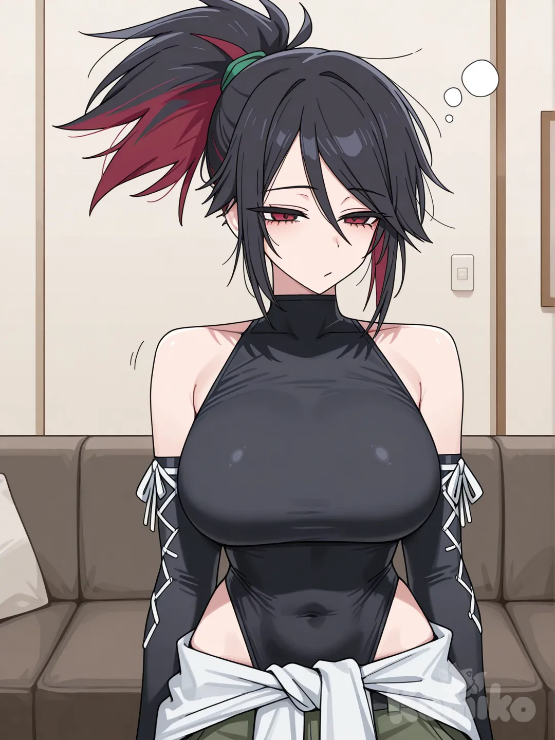 @Akali, red eyes, black highleg leotard, cargo pants, living room, elbow gloves, detached sleeves, shoulder cutout, manga cover, alternate costume, large breasts, cross-laced sleeves, [toon-shaded-style], two-tone hair, black hair, purple hair tips, jacket around waist, sleepy