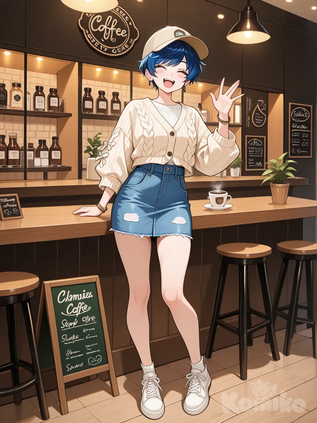[semi-realistic--style], waving, laughing, smile, knitted cardigan, denim skirt, bracelet, headphones, baseball cap, spiky hair, side part, pixie cut, blue hair, full body, ambient light, cafe