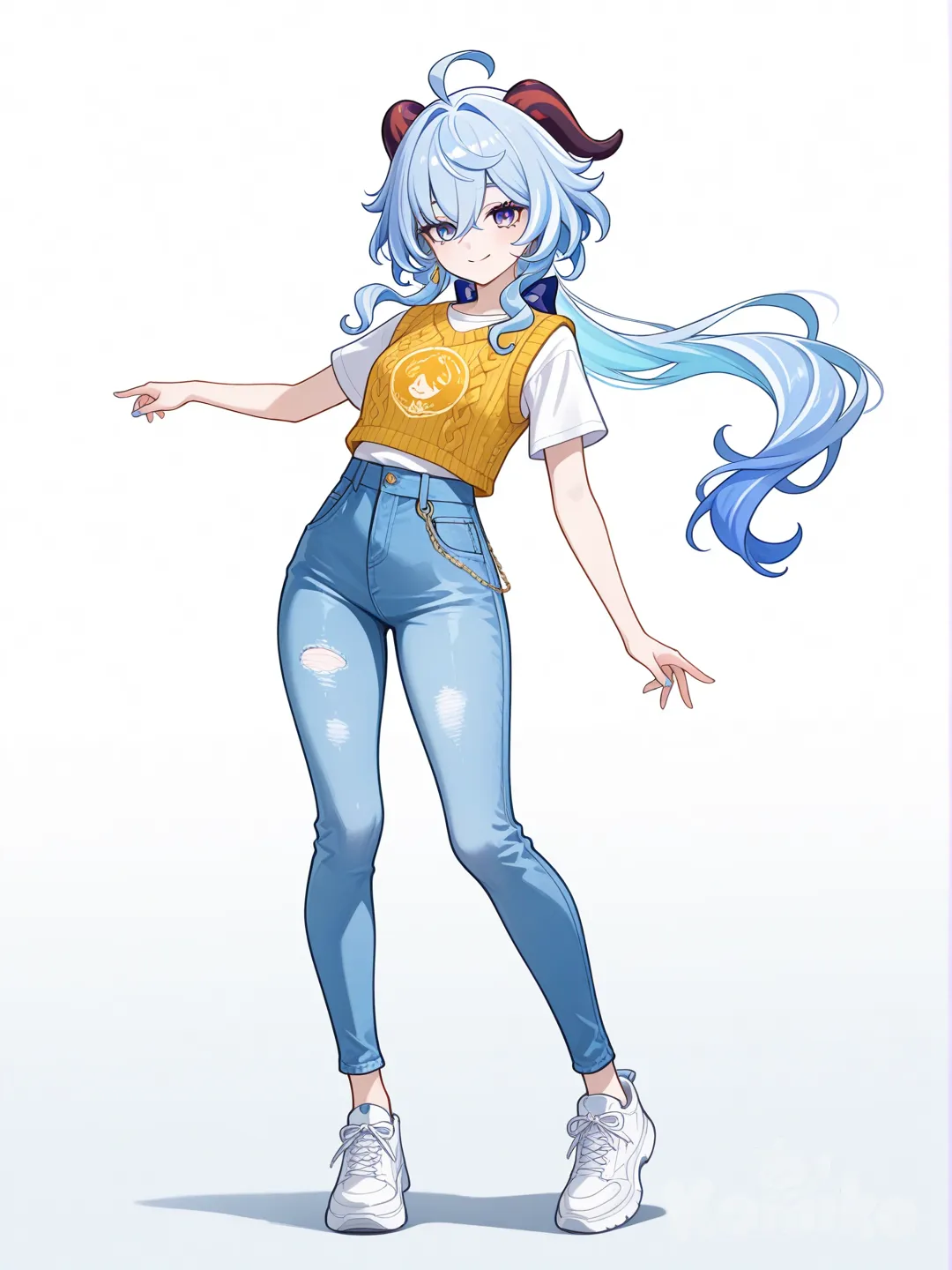 1girl, casual clothing, denim jeans, graphic tee, street style, confident pose, vibrant colors, ultra-@Dan_Heng_(Honkai:Star_Rail), @Furina_(Genshin_Impact), @Ganyu_(Genshin_Impact), dancing, knitted vest, full body